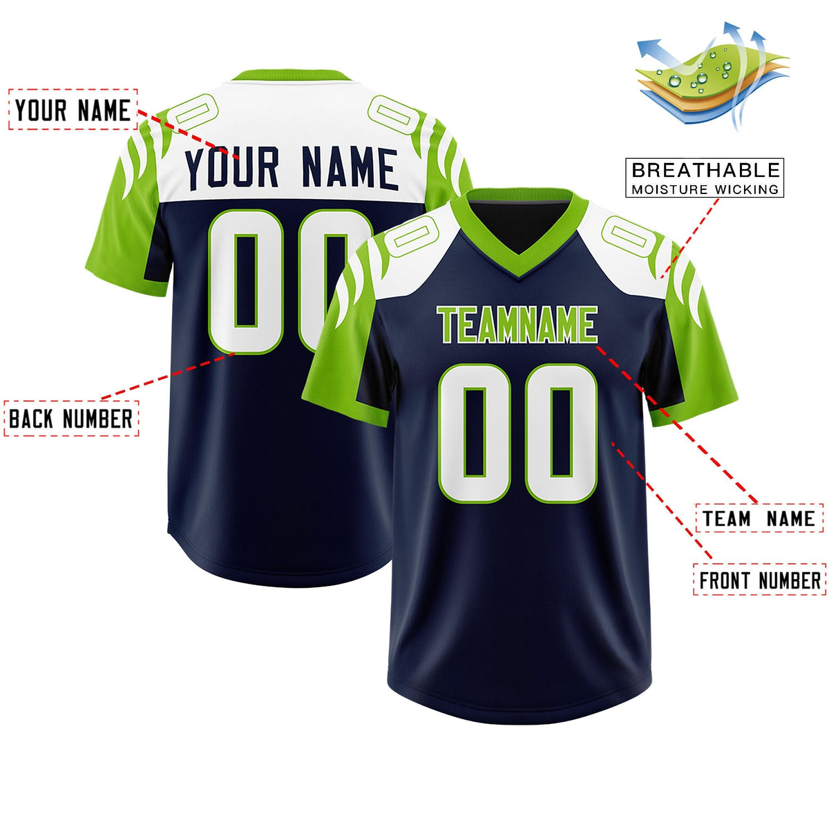 Custom Navy Neon Green Raglan Sleeves Personalized Pattern Authentic American Football Jersey