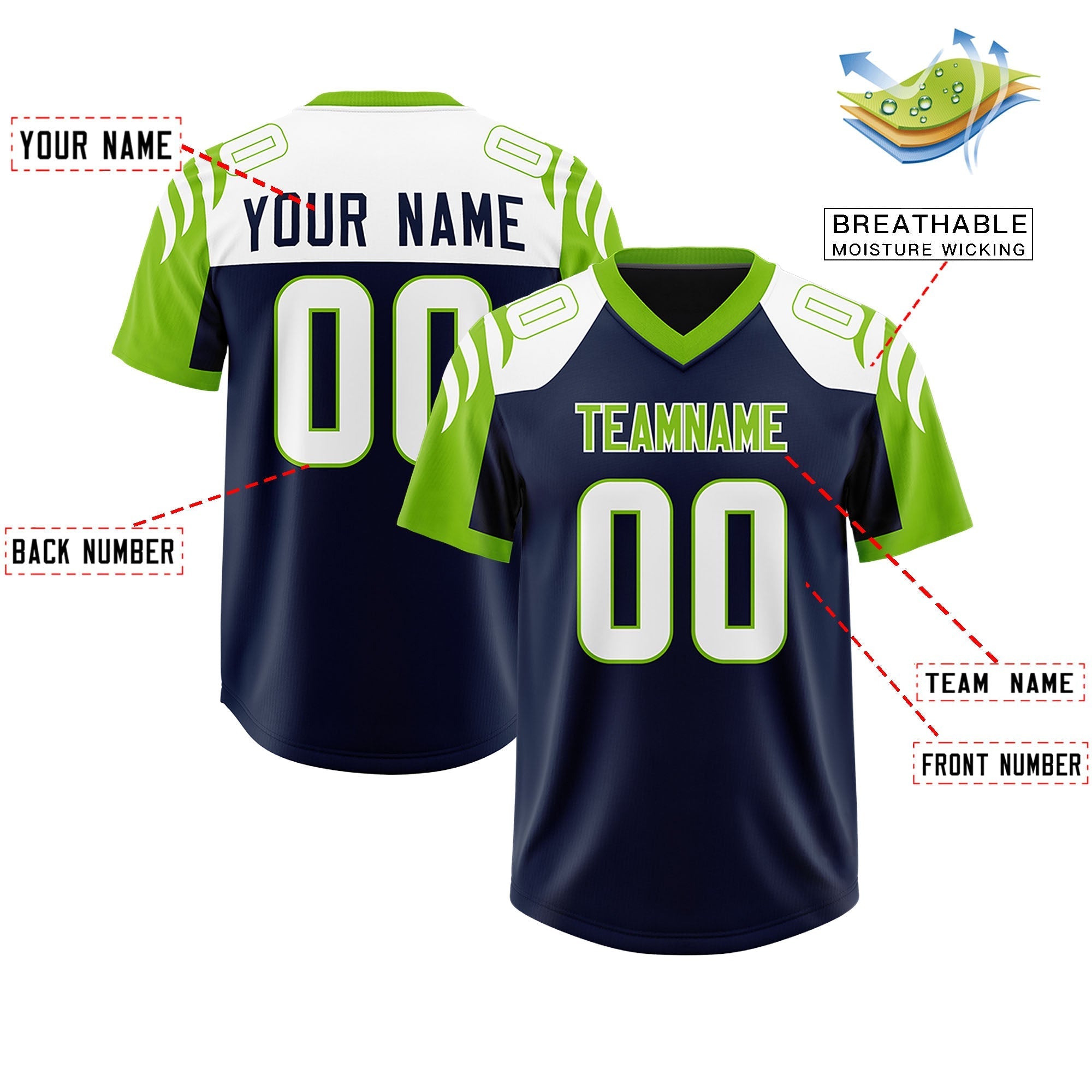 Custom Navy Neon Green Raglan Sleeves Personalized Pattern Authentic American Football Jersey