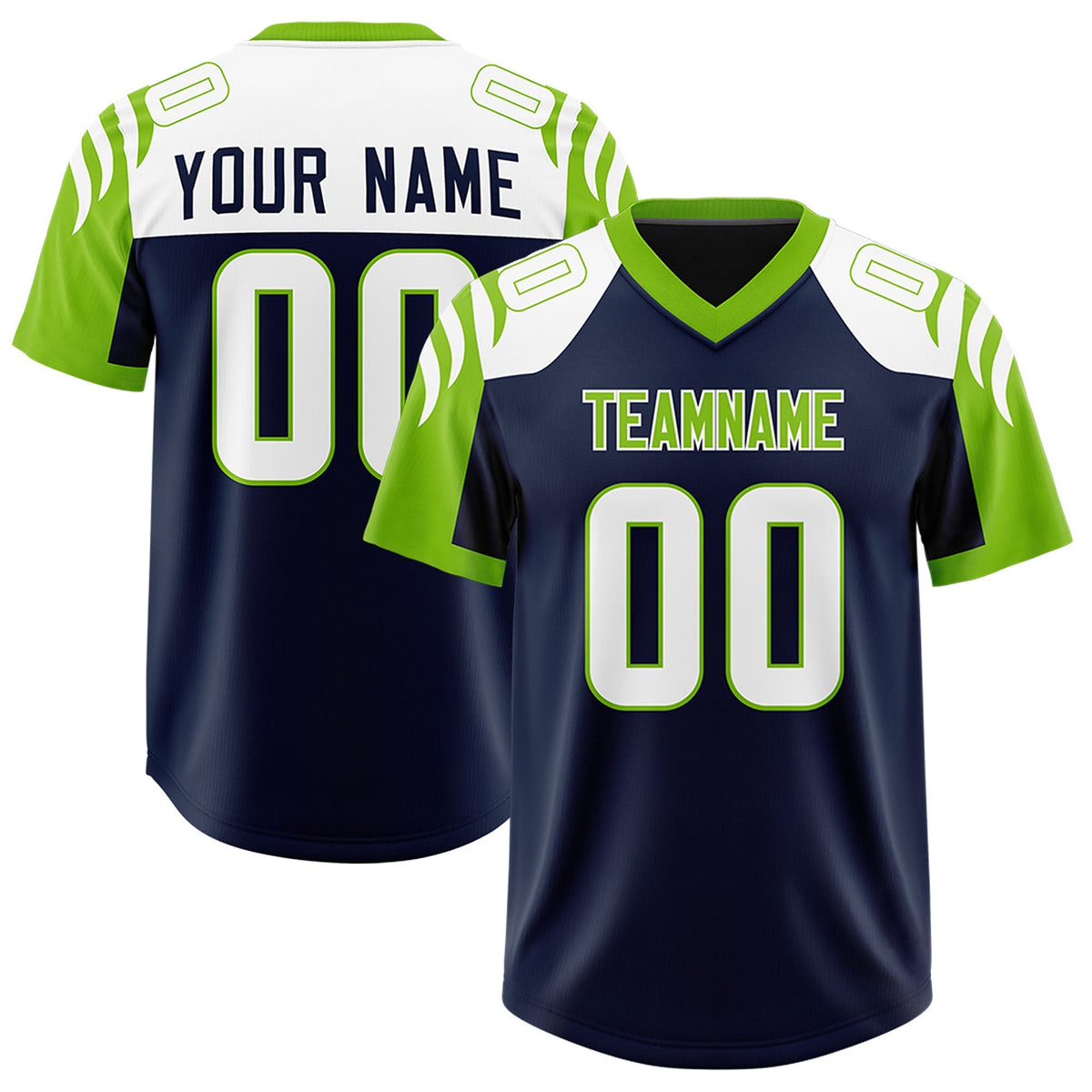 Custom Navy Neon Green Raglan Sleeves Personalized Pattern Authentic American Football Jersey