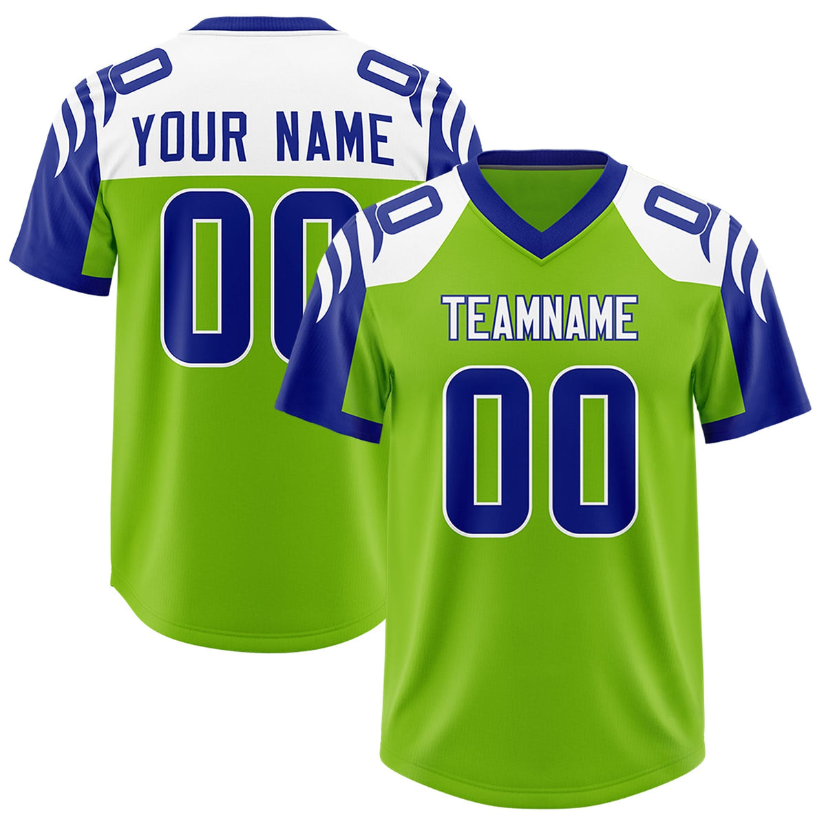 Custom Neon Green Royal Raglan Sleeves Personalized Pattern Authentic American Football Jersey