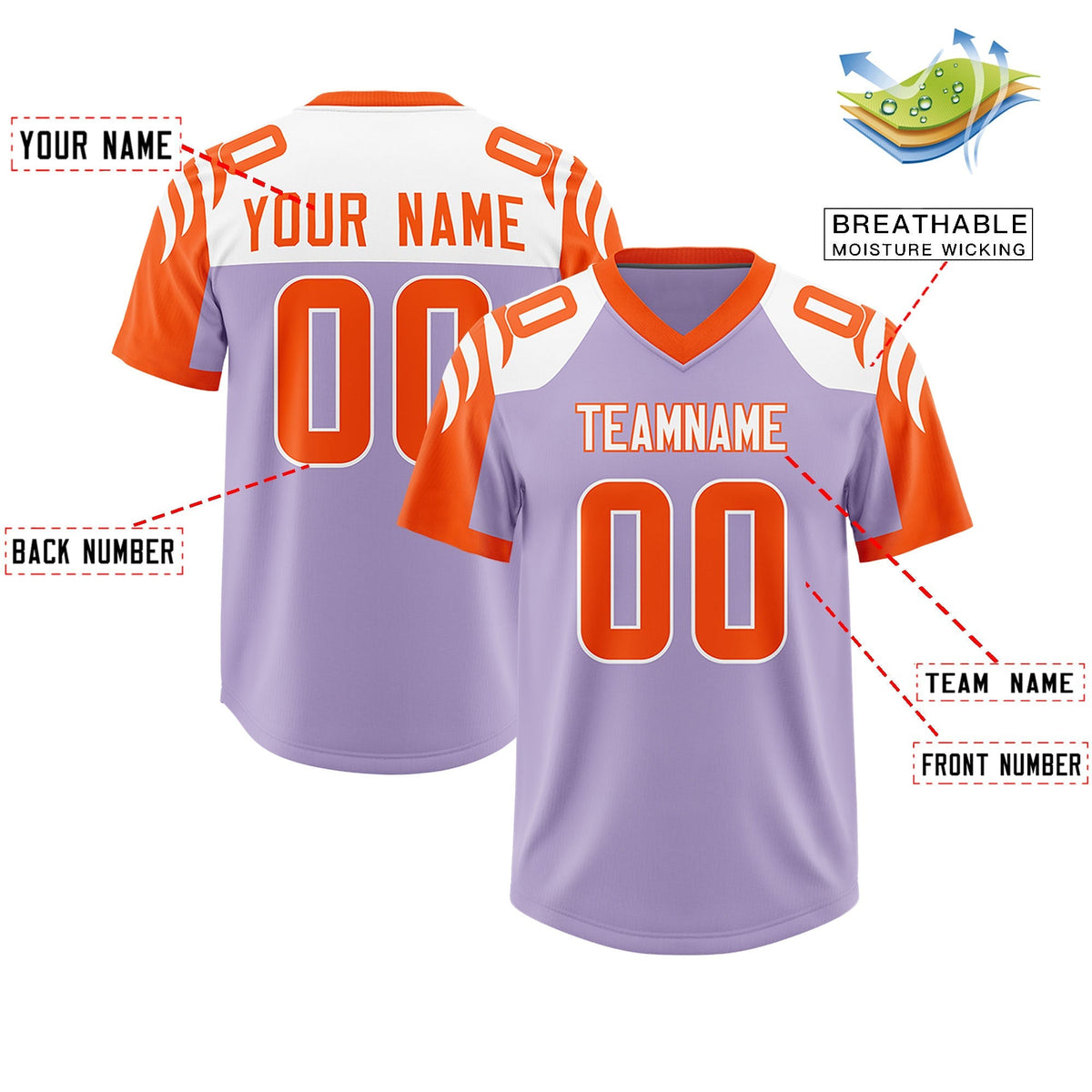 Custom Light Purple Orange Raglan Sleeves Personalized Pattern Authentic American Football Jersey