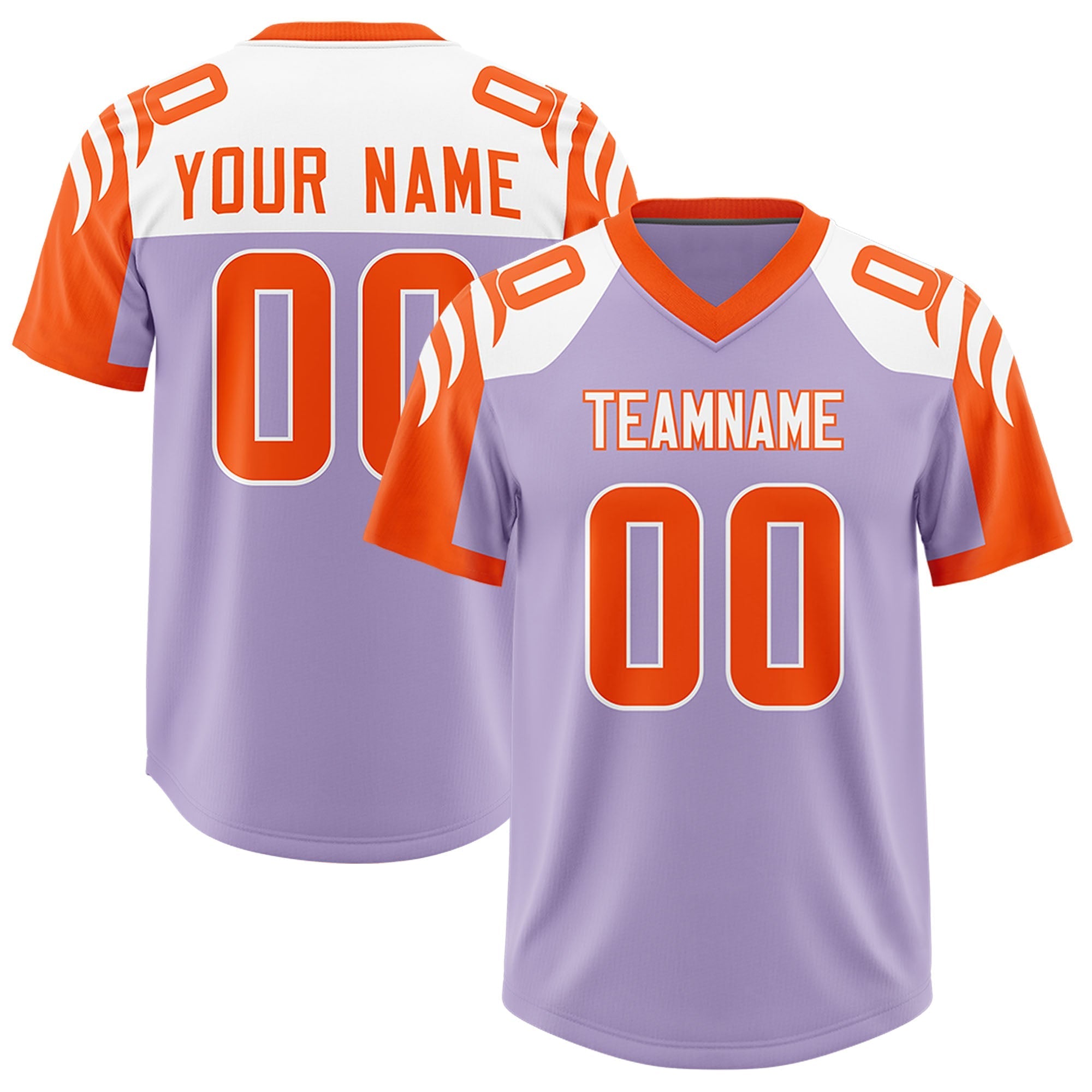 Custom Light Purple Orange Raglan Sleeves Personalized Pattern Authentic American Football Jersey