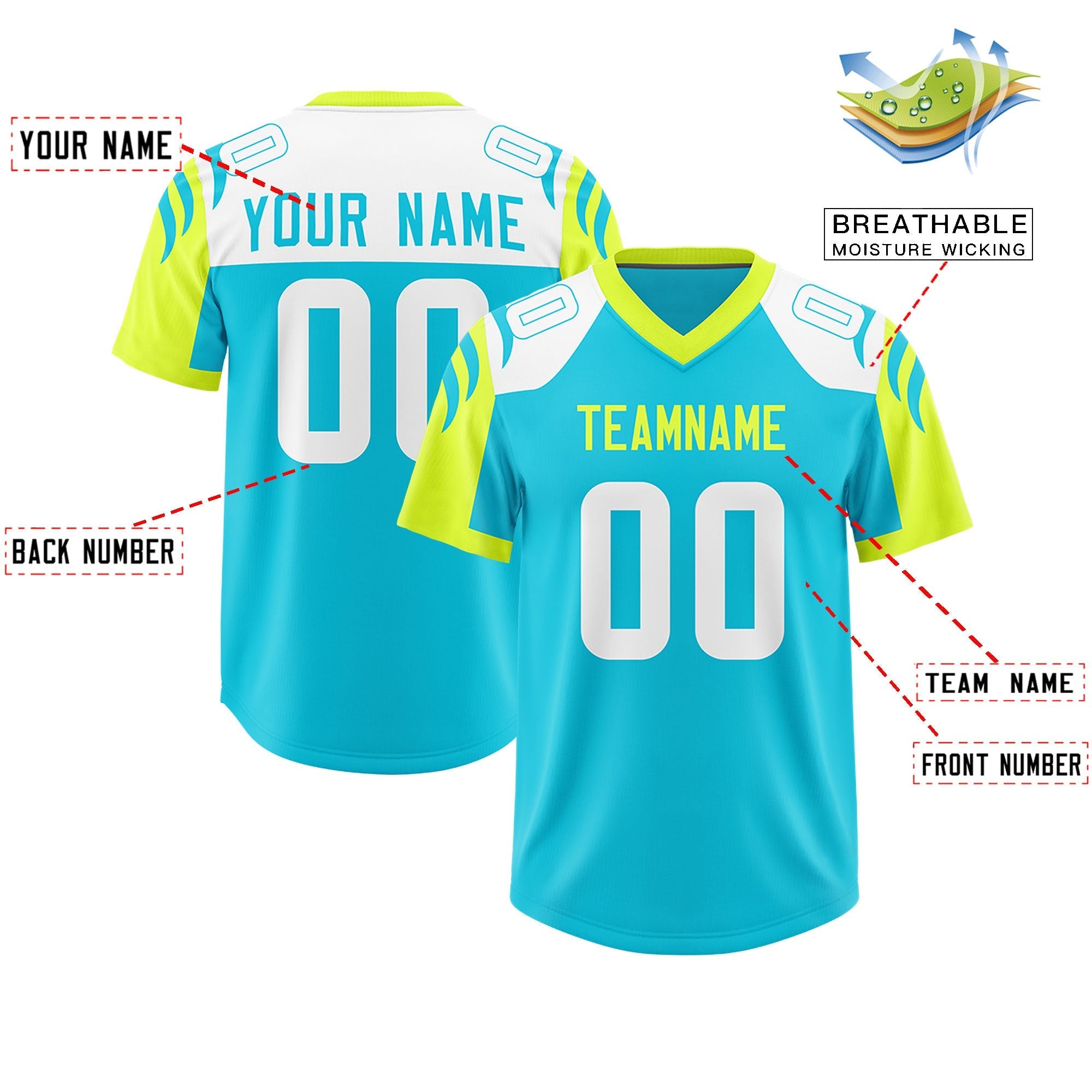 Custom Sky Blue Fluorescent Green Raglan Sleeves Personalized Pattern Authentic American Football Jersey