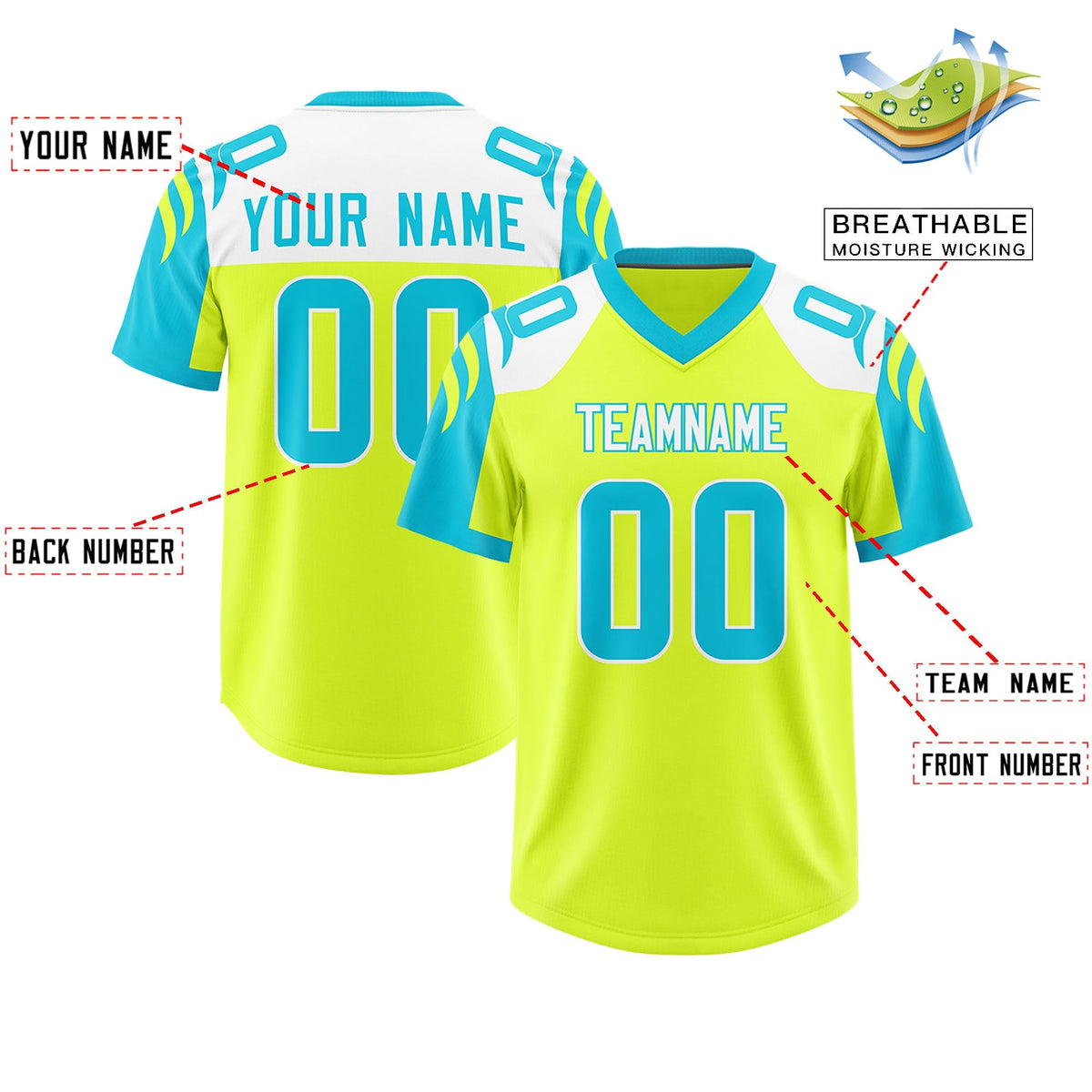 Custom Fluorescent Green Sky Blue Raglan Sleeves Personalized Pattern Authentic American Football Jersey