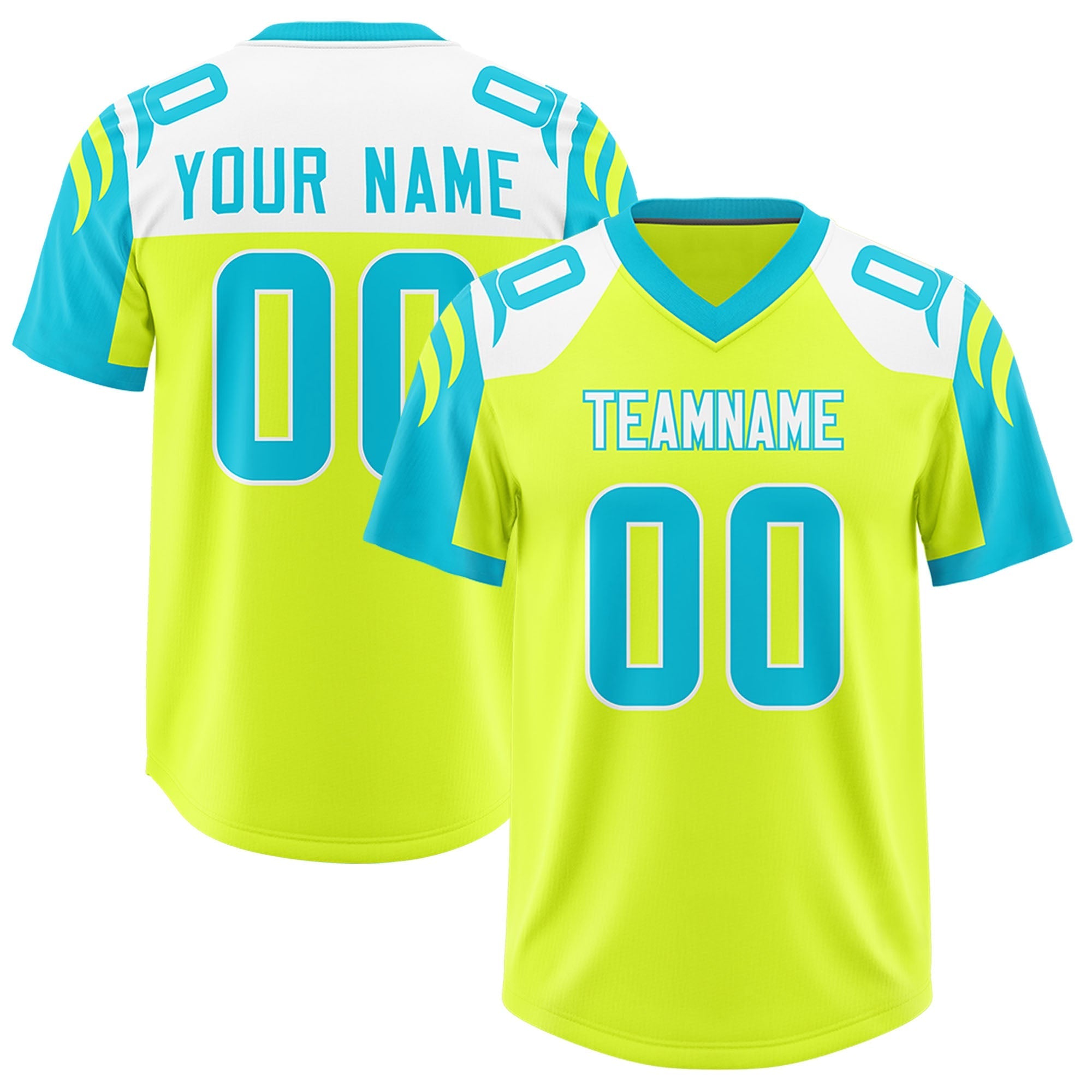 Custom Fluorescent Green Sky Blue Raglan Sleeves Personalized Pattern Authentic American Football Jersey