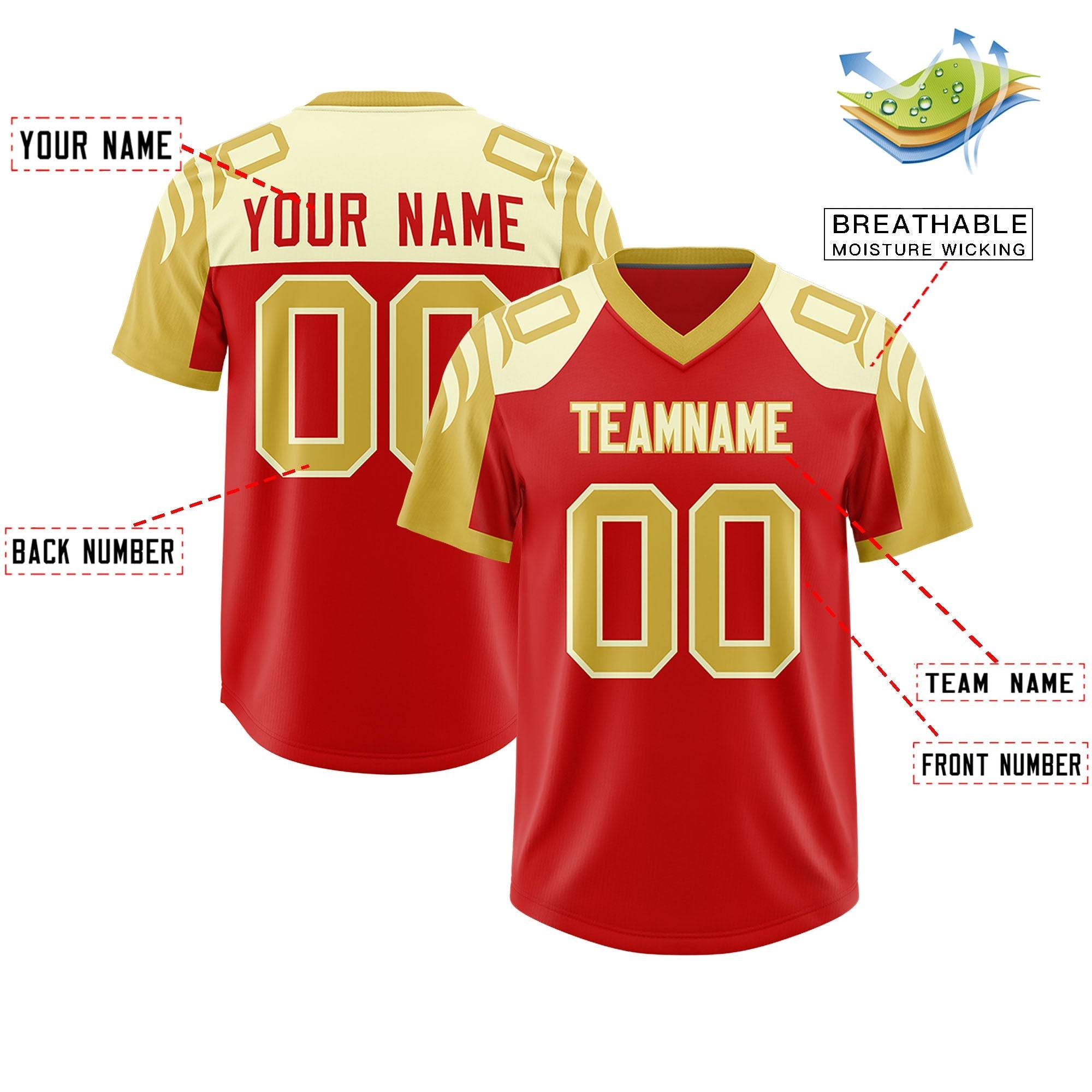 Custom Red Old Gold Raglan Sleeves Personalized Pattern Authentic American Football Jersey