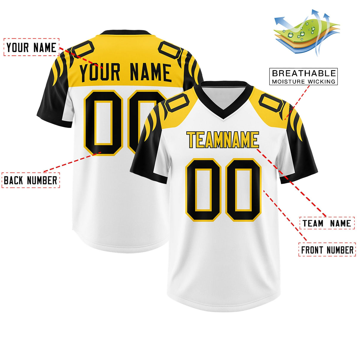 Custom White Black Raglan Sleeves Personalized Pattern Authentic American Football Jersey