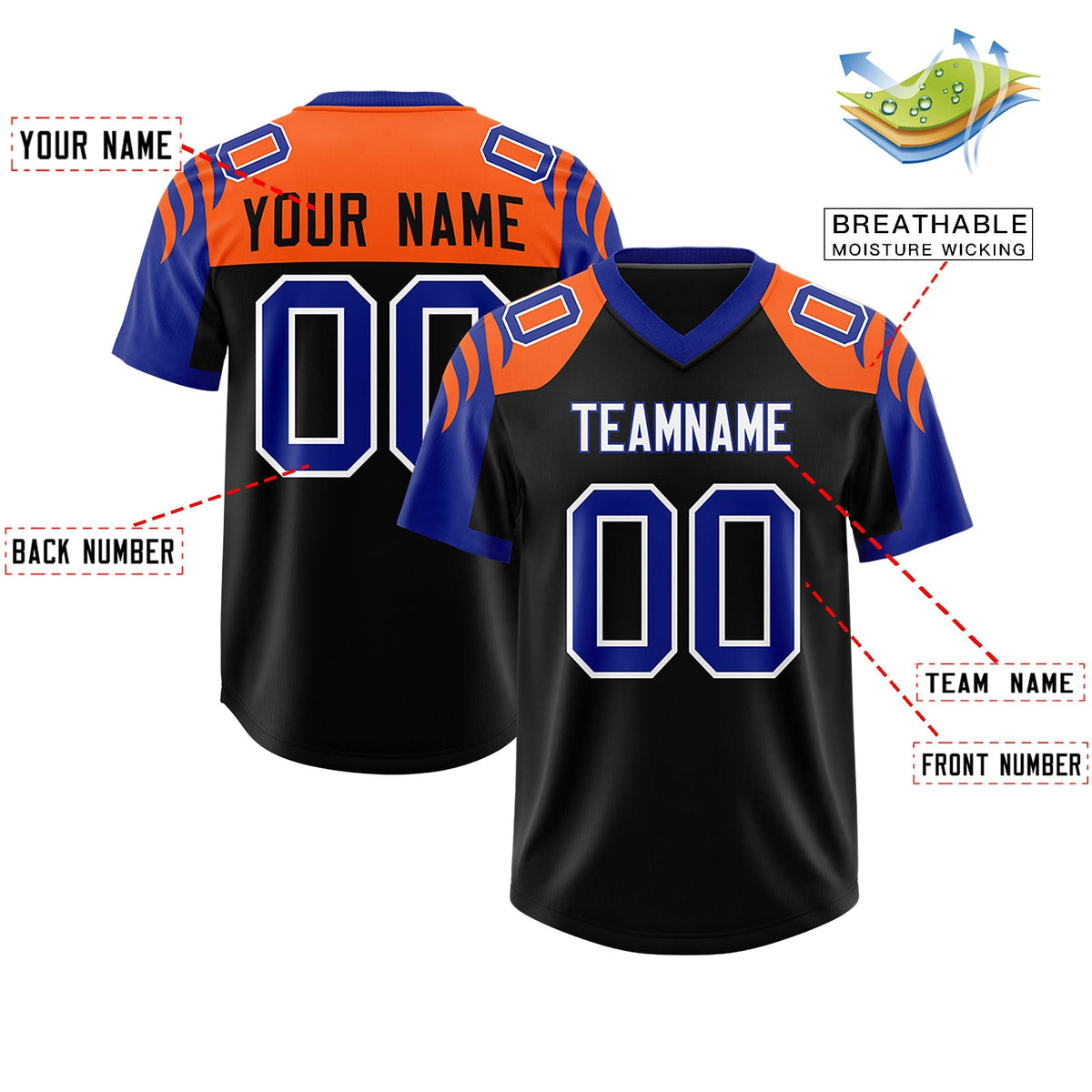 Custom Black Royal Raglan Sleeves Personalized Pattern Authentic American Football Jersey