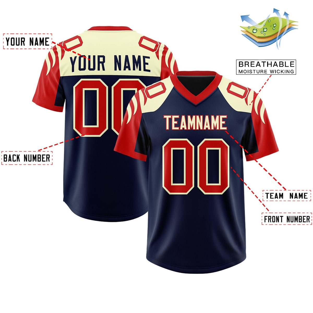 Custom Navy Red Raglan Sleeves Personalized Pattern Authentic American Football Jersey