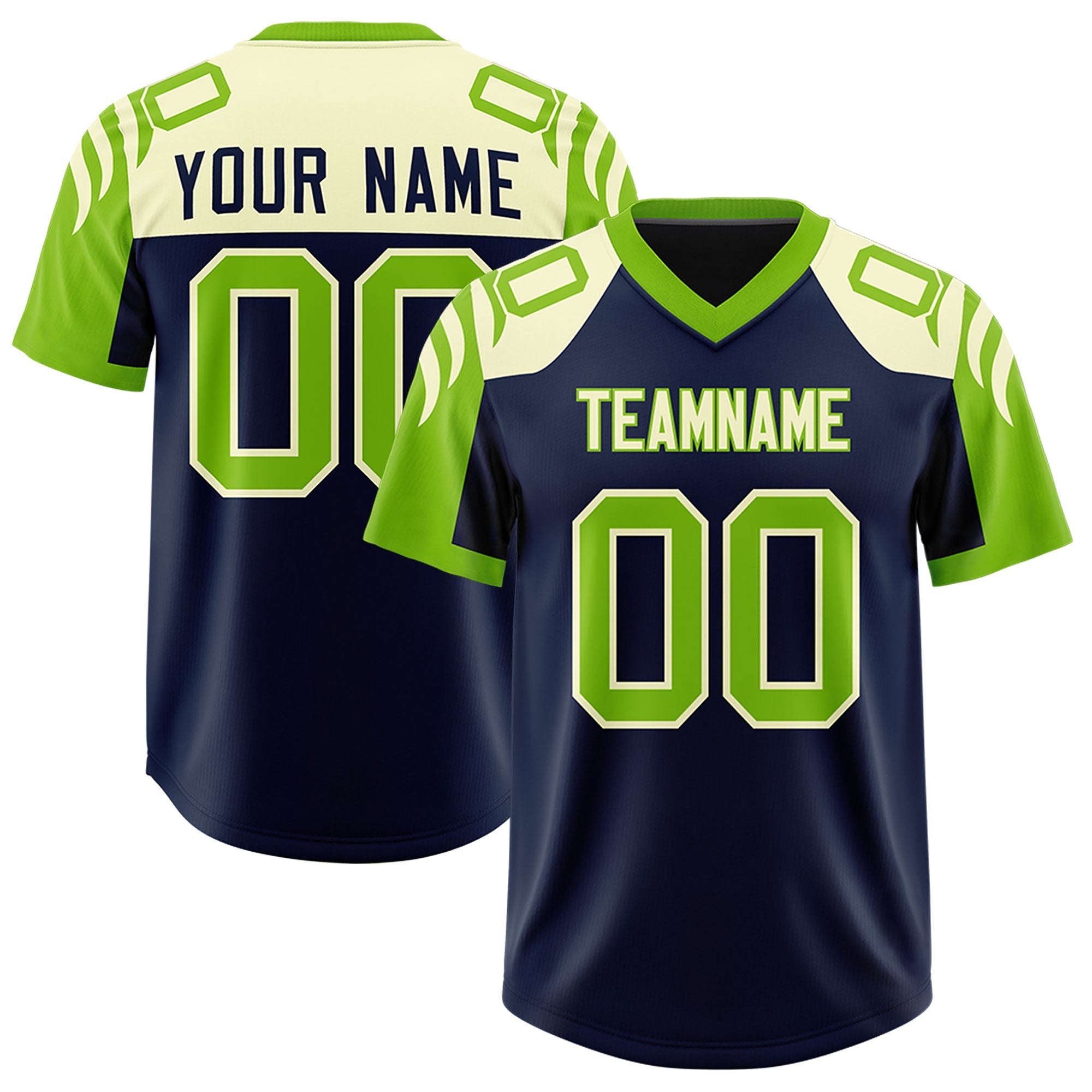 Custom Navy Neon Green Raglan Sleeves Personalized Pattern Authentic American Football Jersey