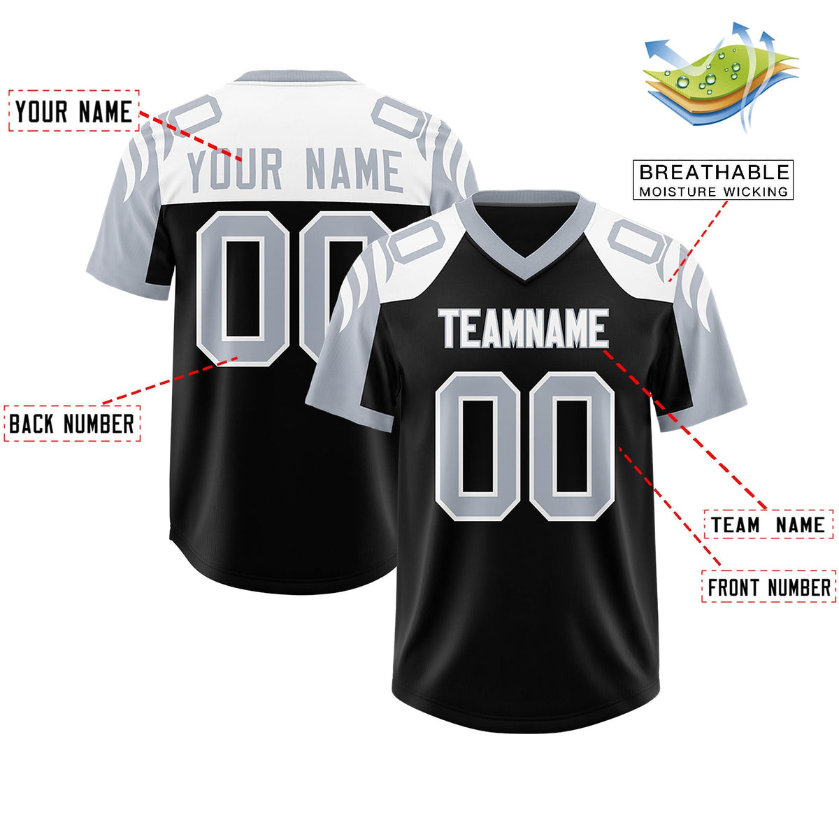Custom Black Silver Raglan Sleeves Personalized Pattern Authentic American Football Jersey