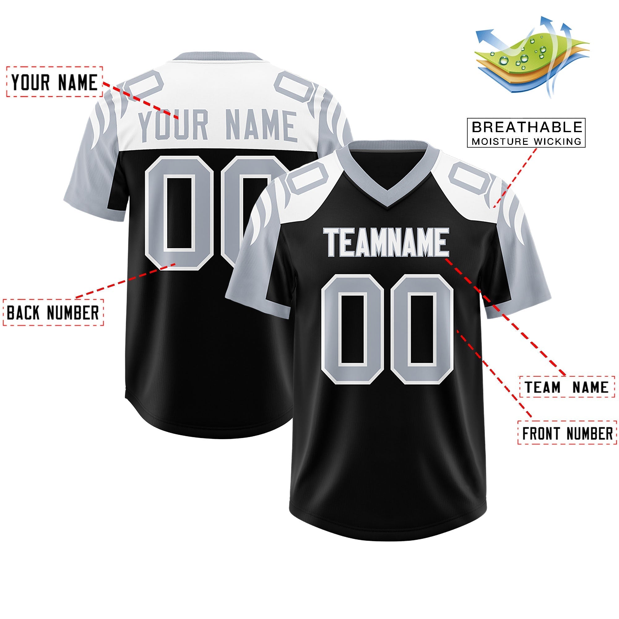 Custom Black Silver Raglan Sleeves Personalized Pattern Authentic American Football Jersey