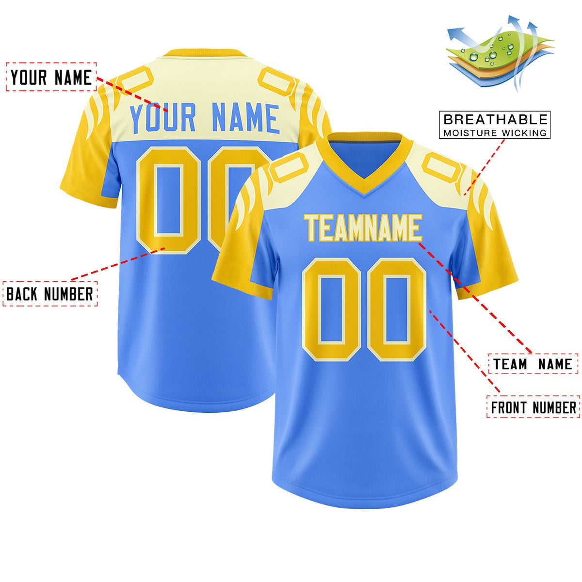 Custom Powder Blue Gold Raglan Sleeves Personalized Pattern Authentic American Football Jersey