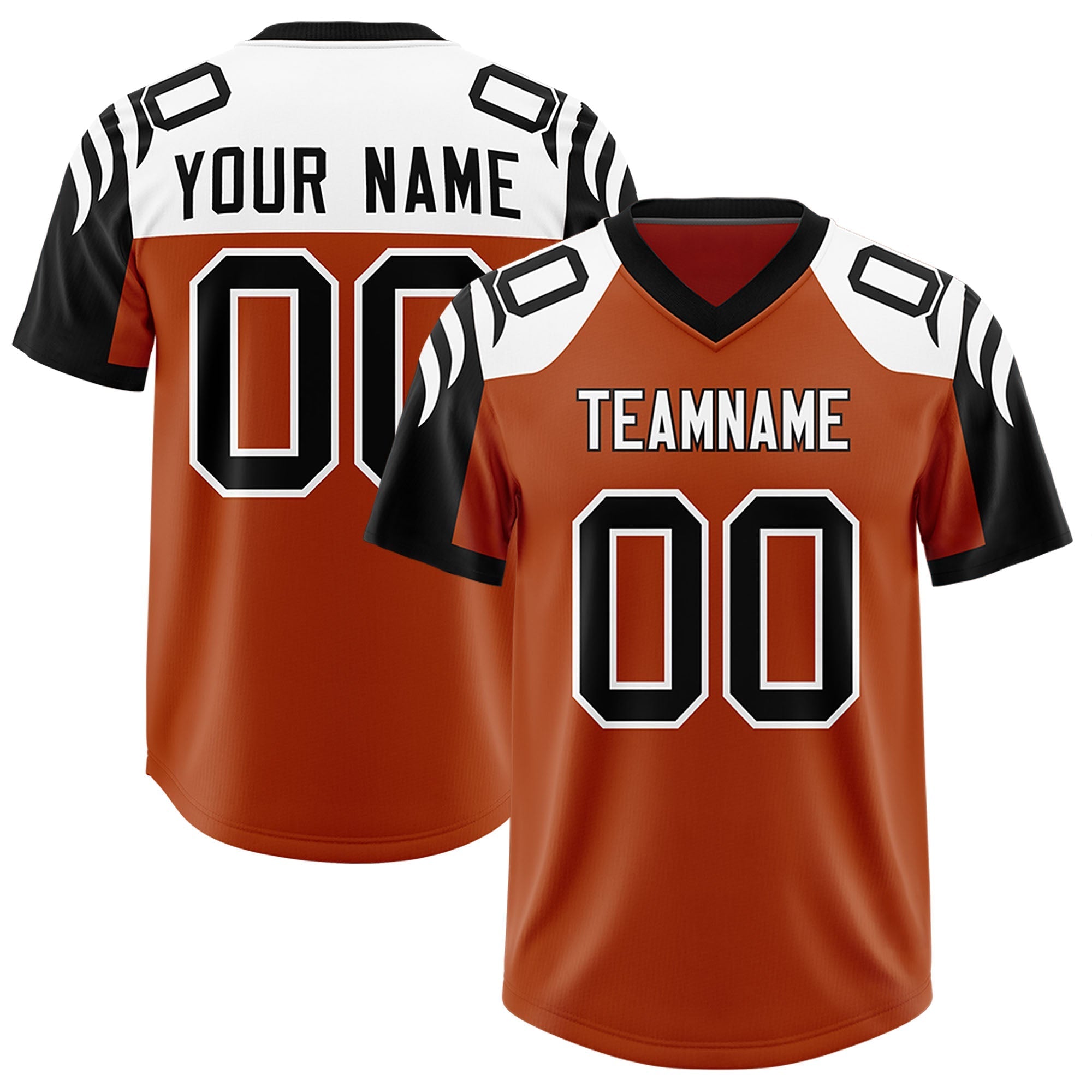 Custom Texas Orange Black Raglan Sleeves Personalized Pattern Authentic American Football Jersey