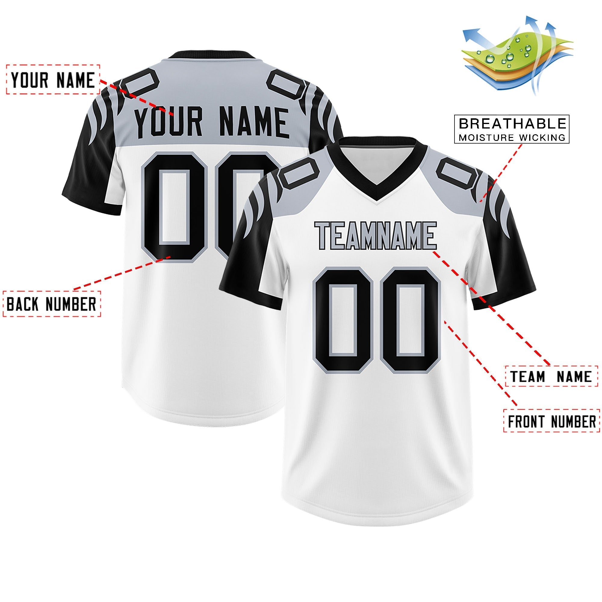 Custom White Black Raglan Sleeves Personalized Pattern Authentic American Football Jersey
