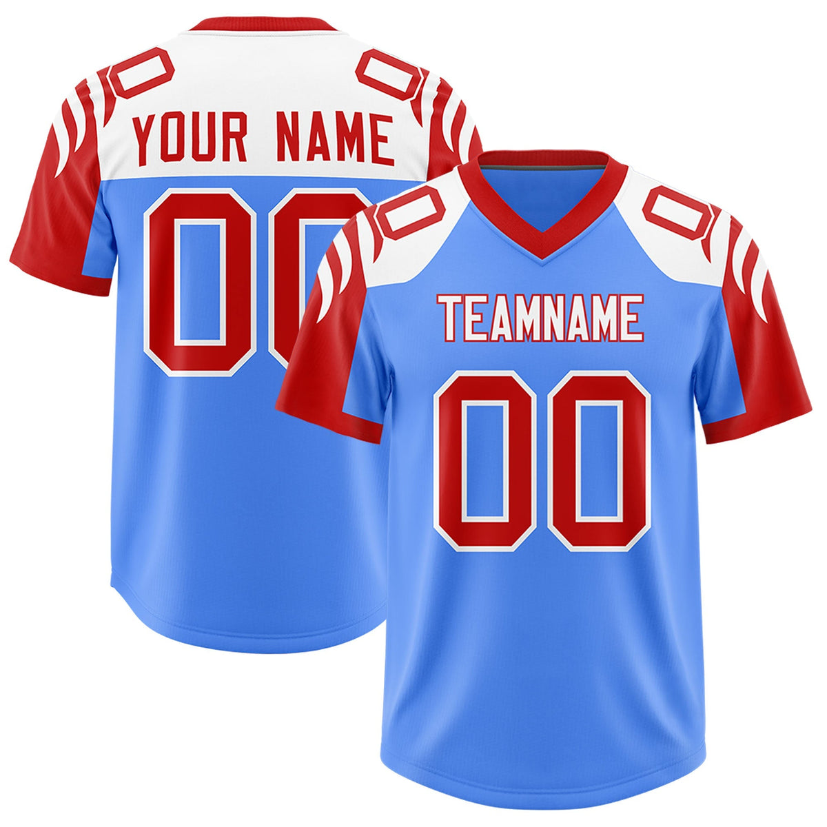 Custom Powder Blue Red Raglan Sleeves Personalized Pattern Authentic American Football Jersey
