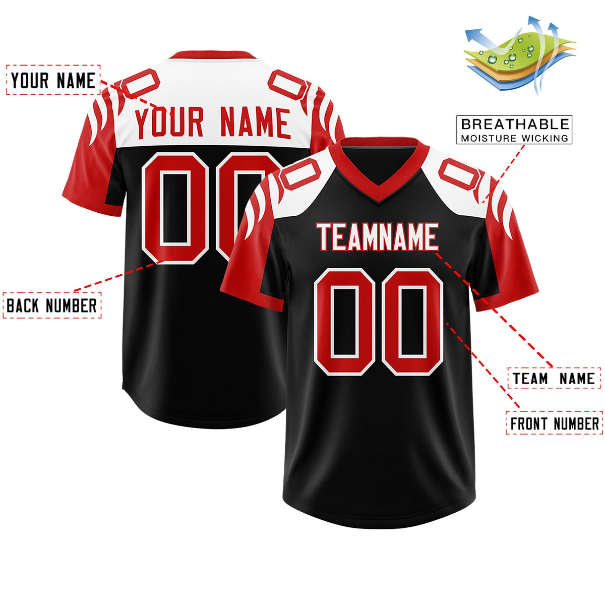Custom Black Red Raglan Sleeves Personalized Pattern Authentic American Football Jersey
