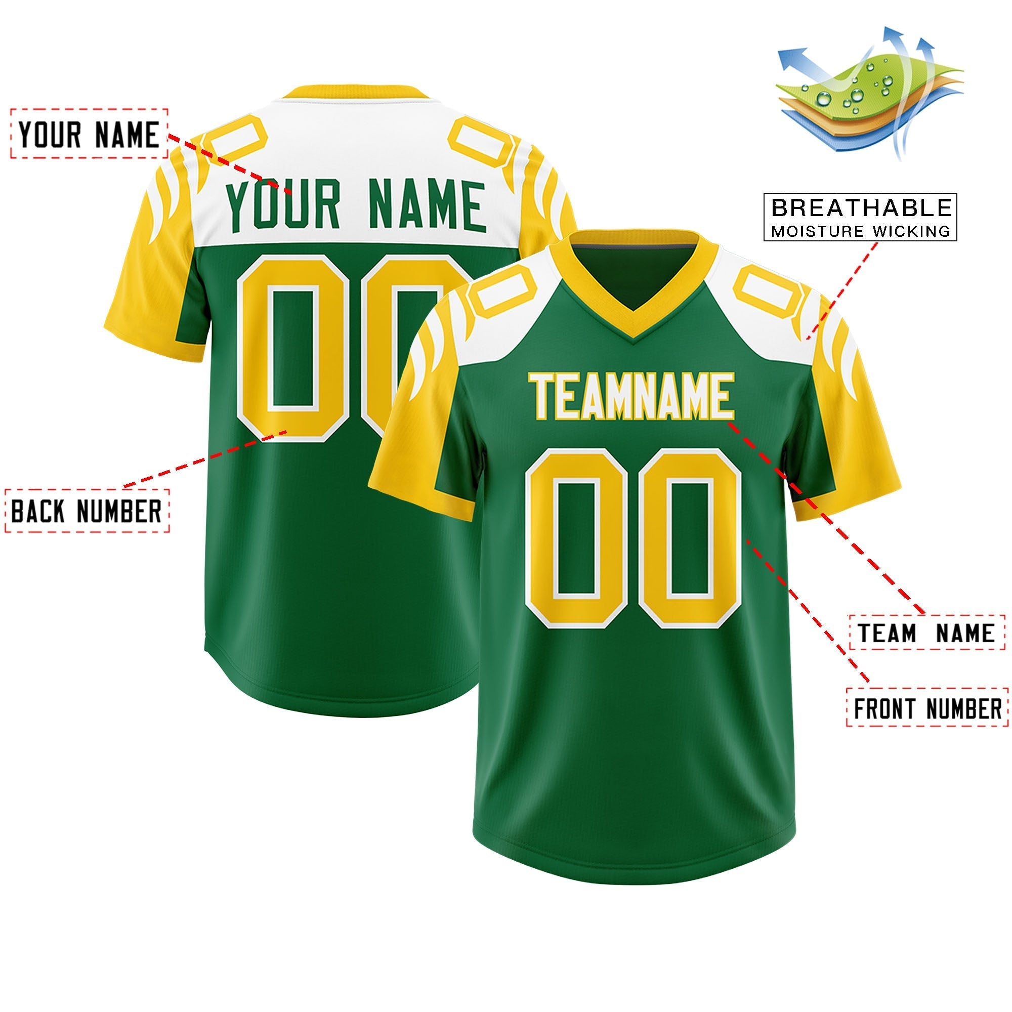 Custom Kelly Green Gold Raglan Sleeves Personalized Pattern Authentic American Football Jersey