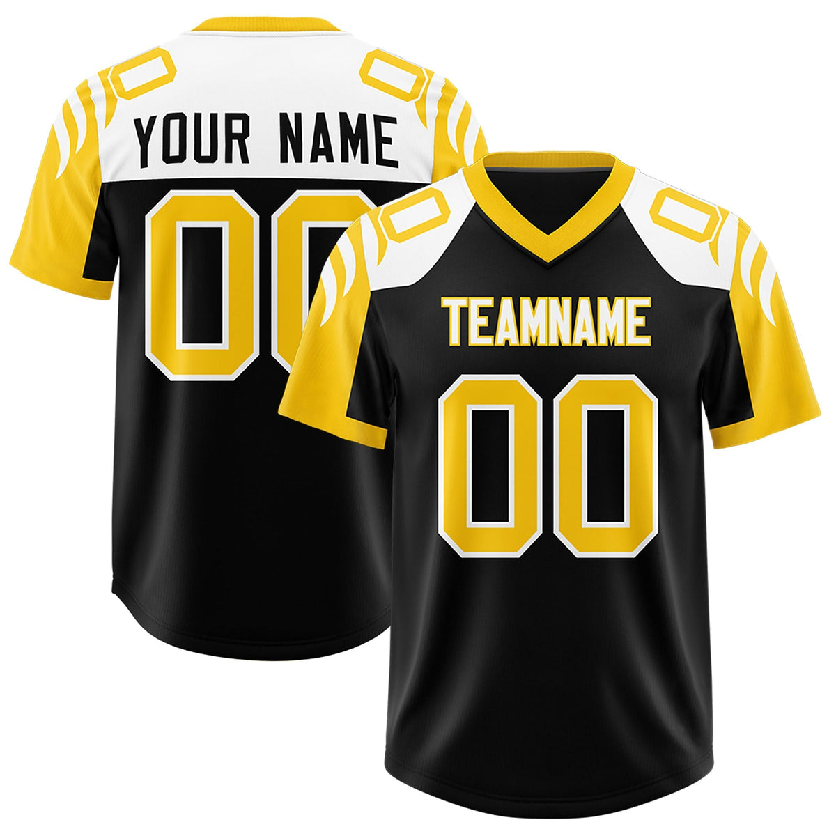 Custom Black Gold Raglan Sleeves Personalized Pattern Authentic American Football Jersey