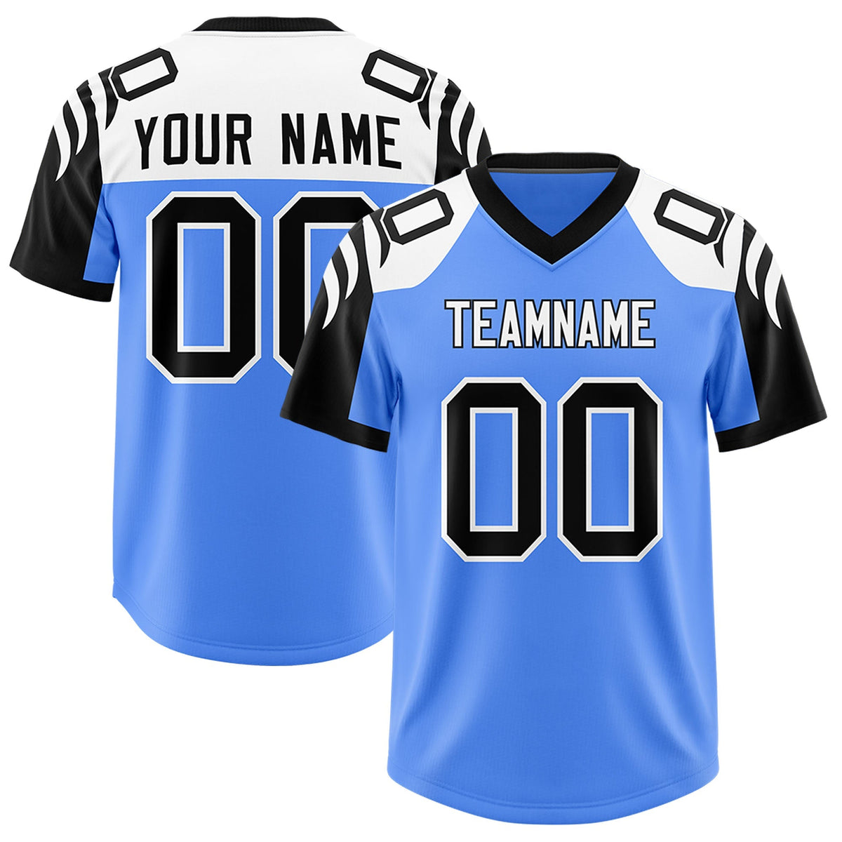 Custom Powder Blue Black Raglan Sleeves Personalized Pattern Authentic American Football Jersey