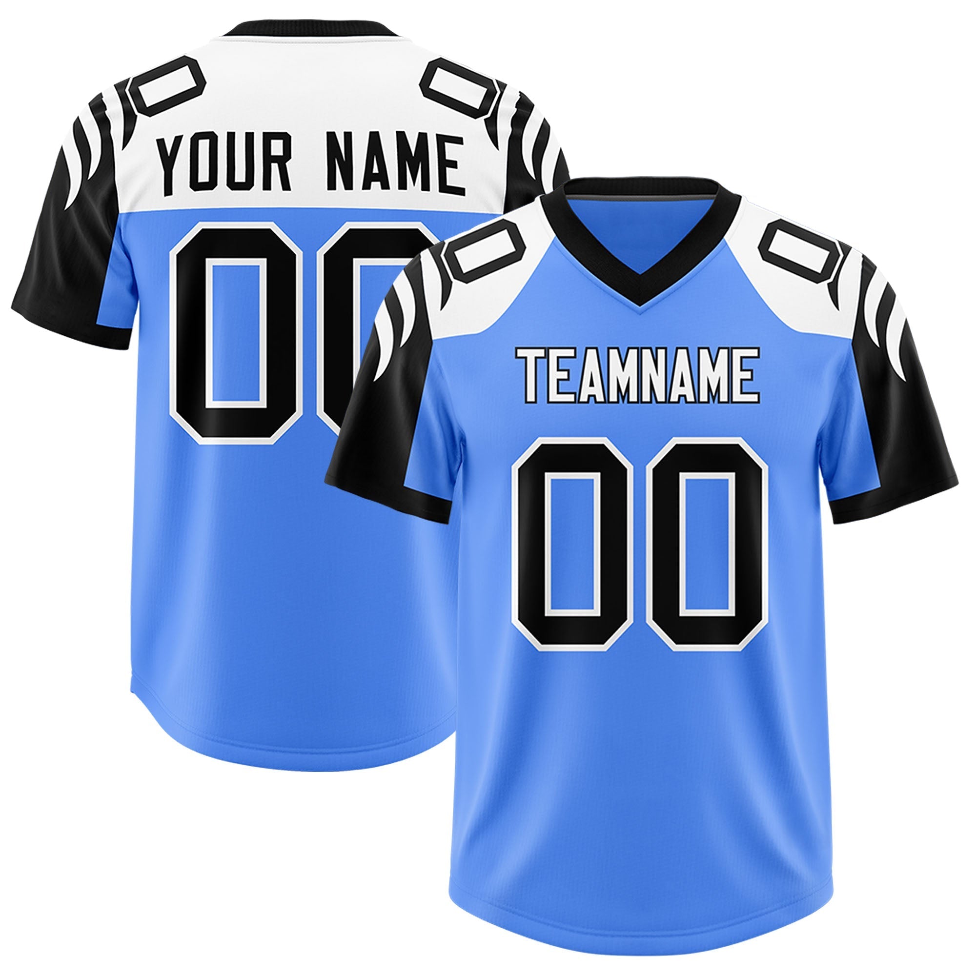 Custom Powder Blue Black Raglan Sleeves Personalized Pattern Authentic American Football Jersey