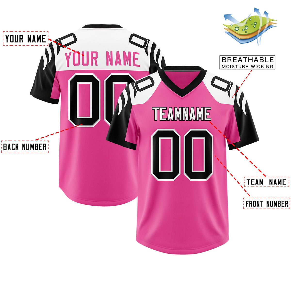 Custom Pink Black Raglan Sleeves Personalized Pattern Authentic American Football Jersey
