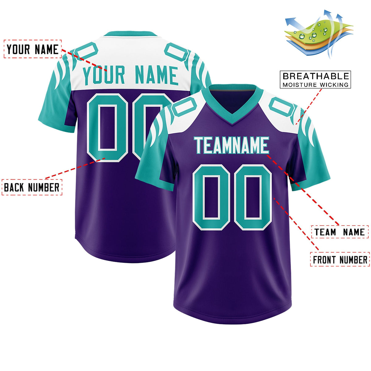 Custom Purple Aqua Raglan Sleeves Personalized Pattern Authentic American Football Jersey