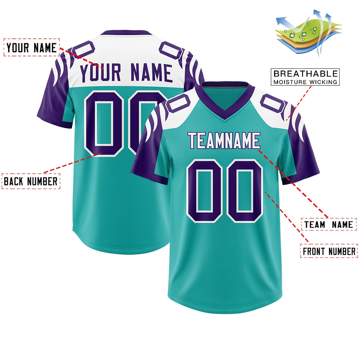 Custom Aqua Purple Raglan Sleeves Personalized Pattern Authentic American Football Jersey