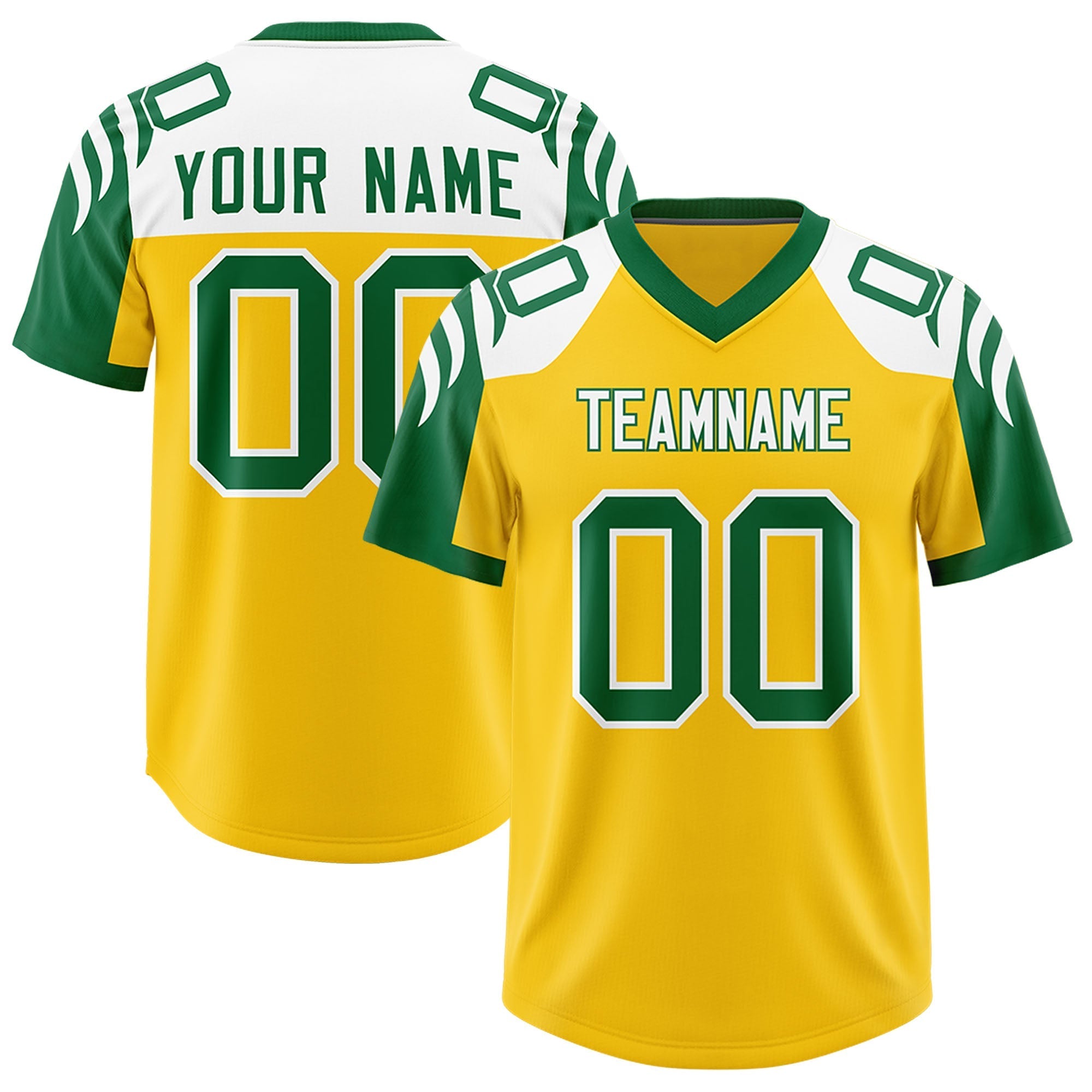 Custom Gold Kelly Green Raglan Sleeves Personalized Pattern Authentic American Football Jersey