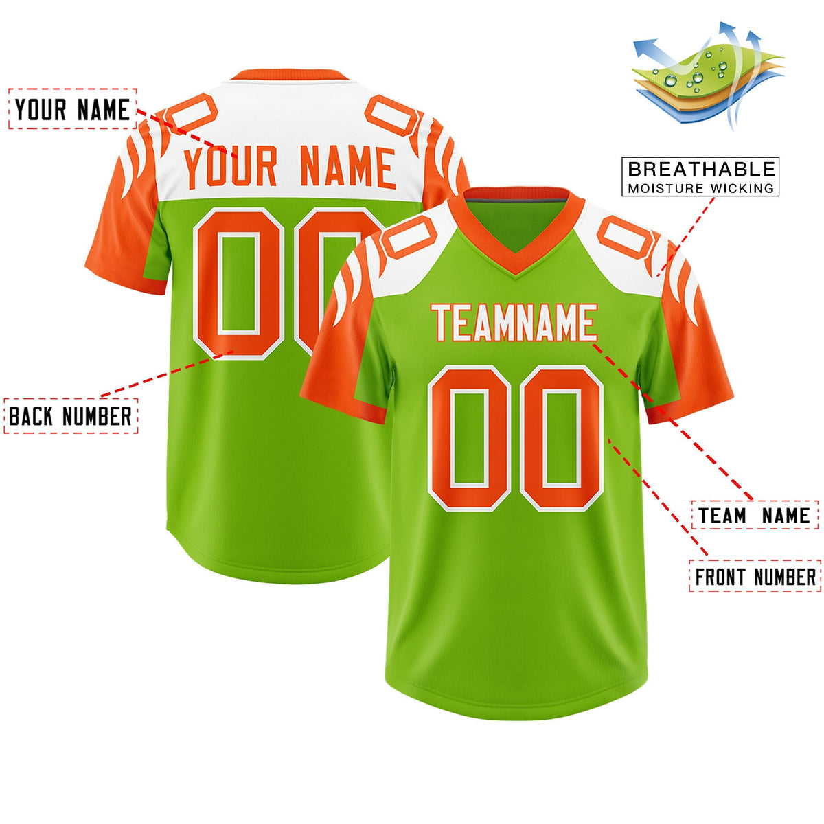 Custom Neon Green Orange Raglan Sleeves Personalized Pattern Authentic American Football Jersey