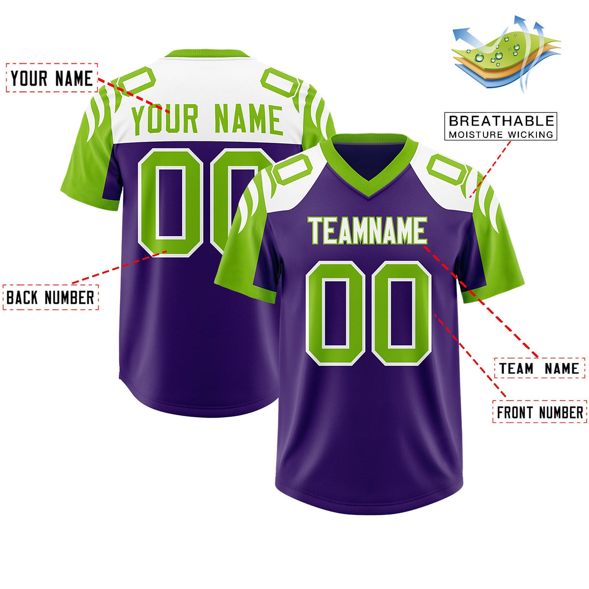 Custom Purple Neon Green Raglan Sleeves Personalized Pattern Authentic American Football Jersey