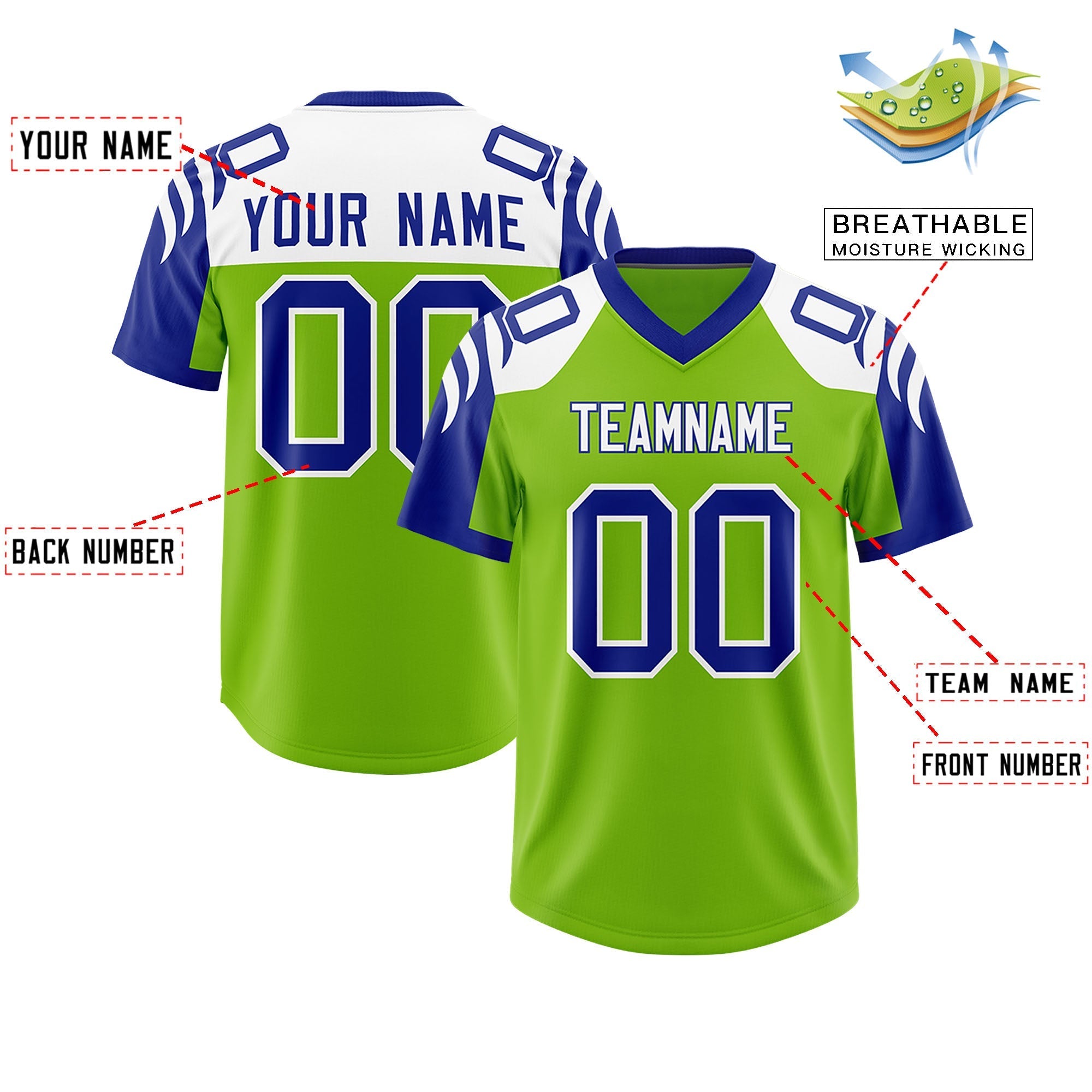 Custom Neon Green Royal Raglan Sleeves Personalized Pattern Authentic American Football Jersey