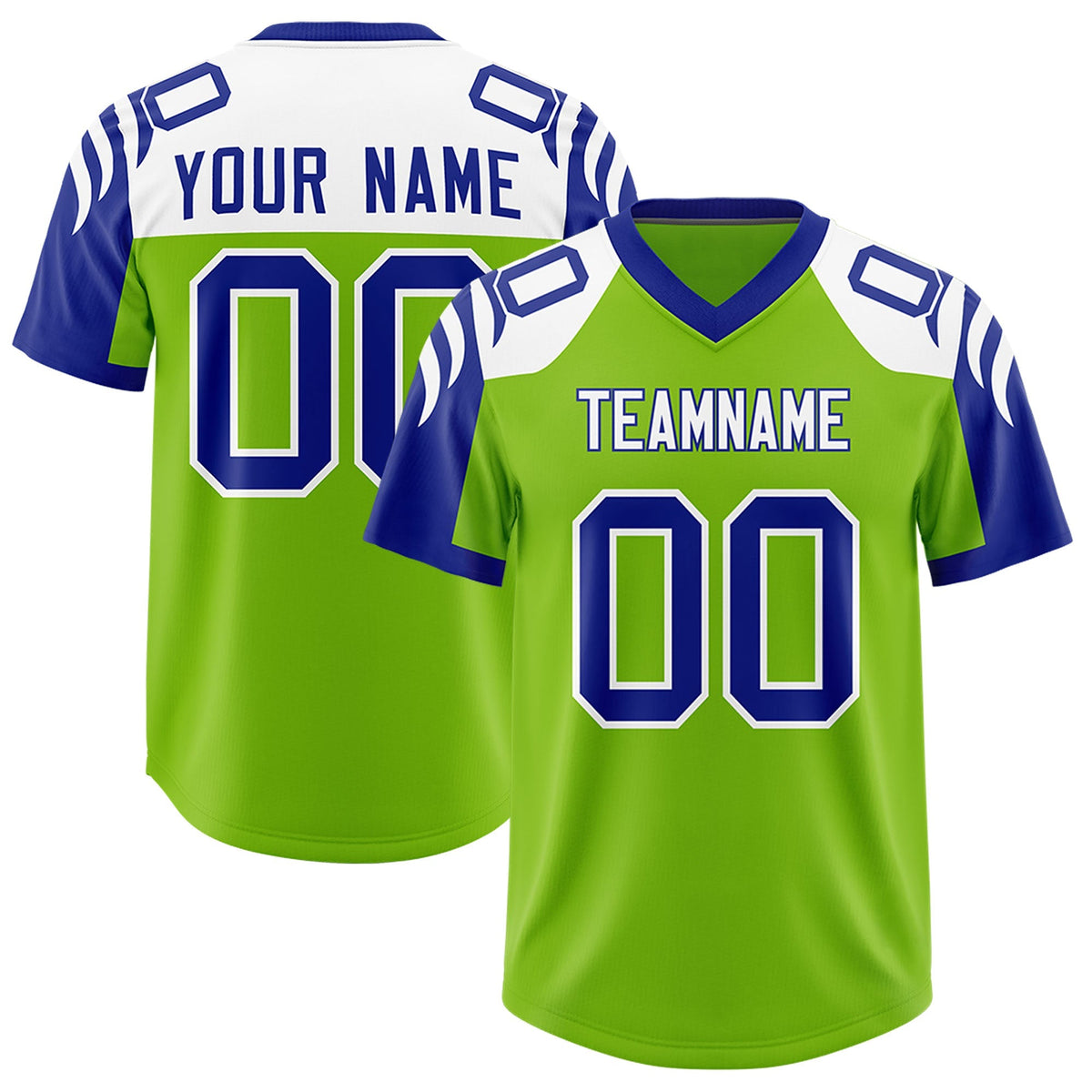 Custom Neon Green Royal Raglan Sleeves Personalized Pattern Authentic American Football Jersey