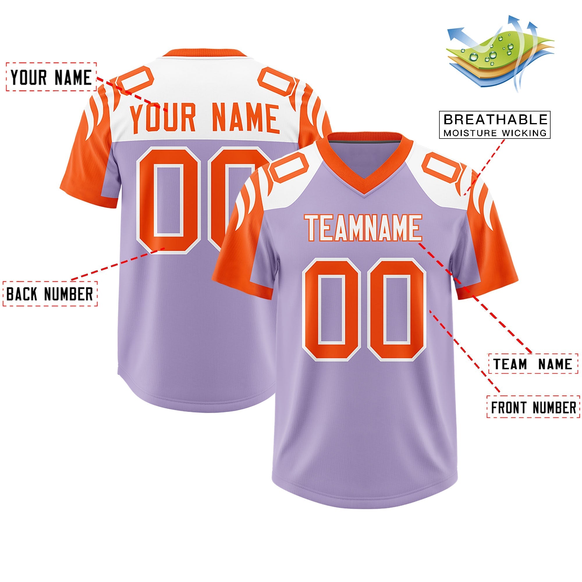 Custom Light Purple Orange Raglan Sleeves Personalized Pattern Authentic American Football Jersey