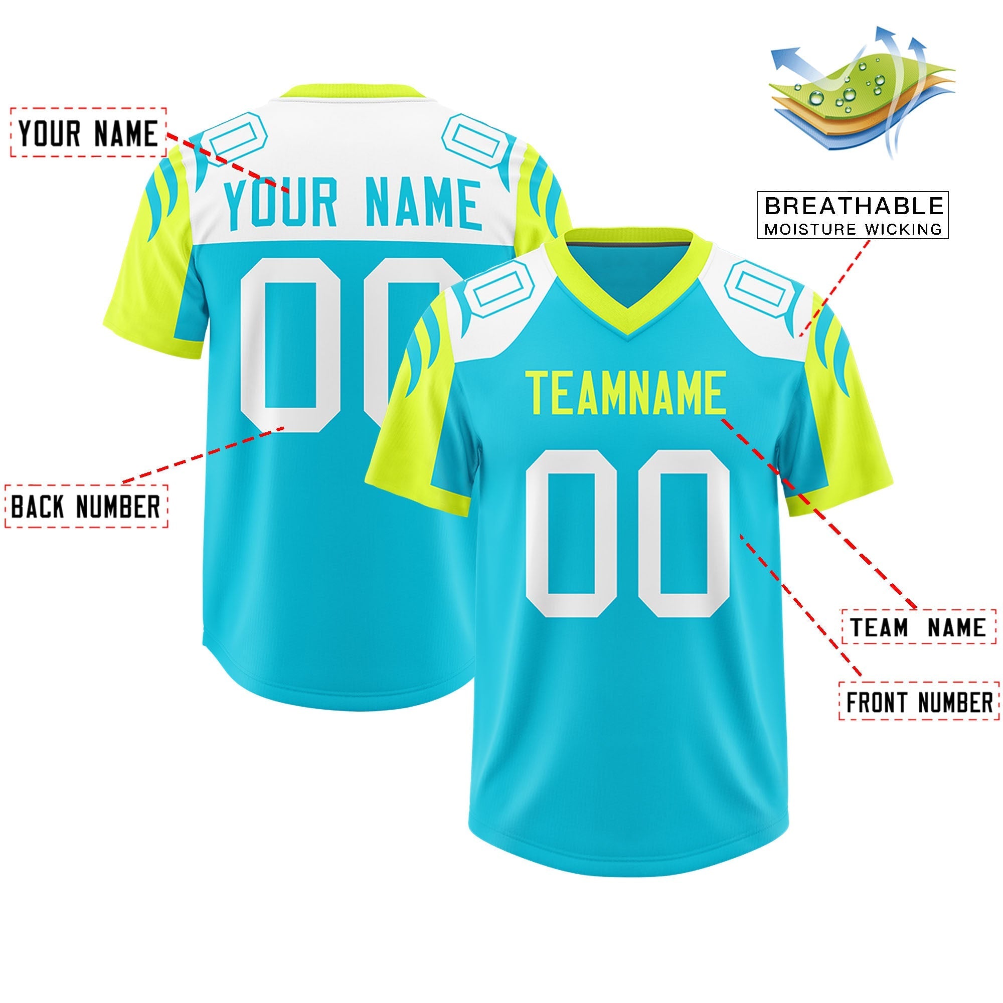 Custom Sky Blue Fluorescent Green Raglan Sleeves Personalized Pattern Authentic American Football Jersey