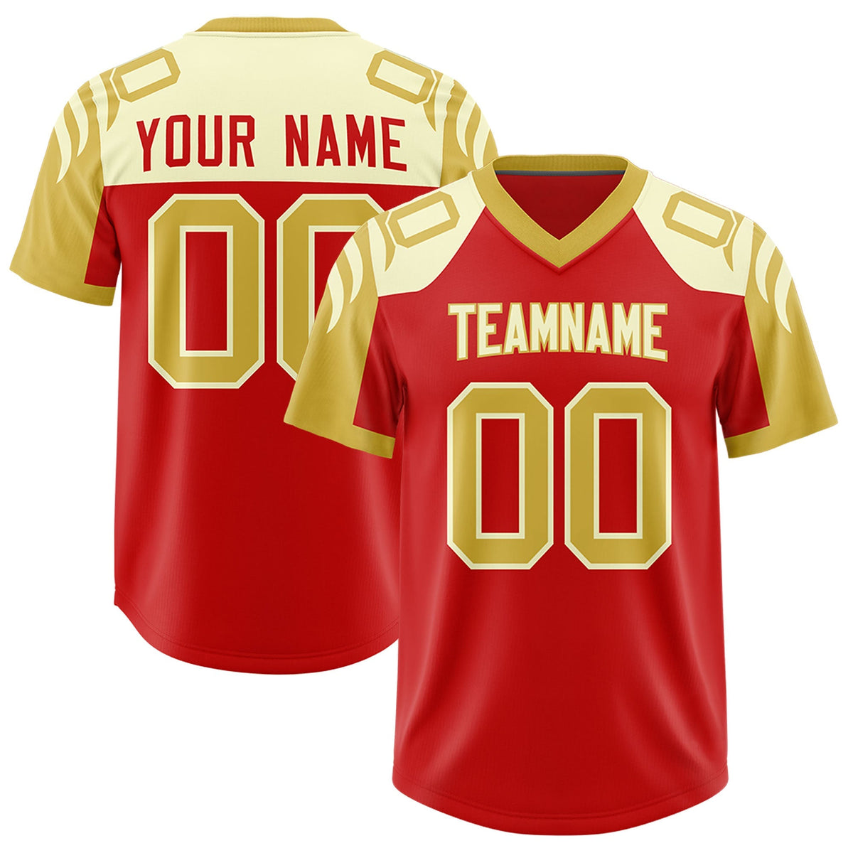 Custom Red Old Gold Raglan Sleeves Personalized Pattern Authentic American Football Jersey