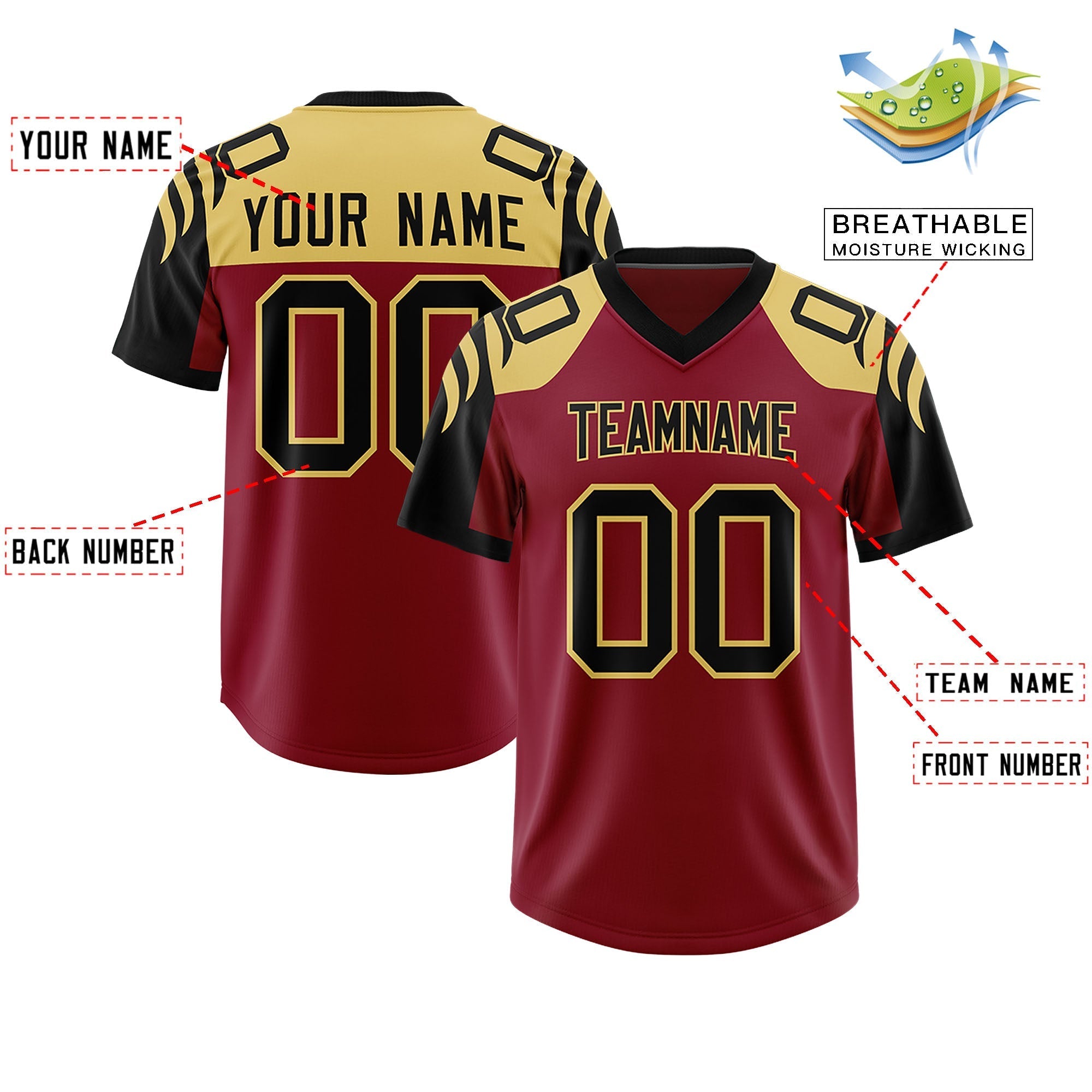 Custom Crimson Black Raglan Sleeves Personalized Pattern Authentic American Football Jersey