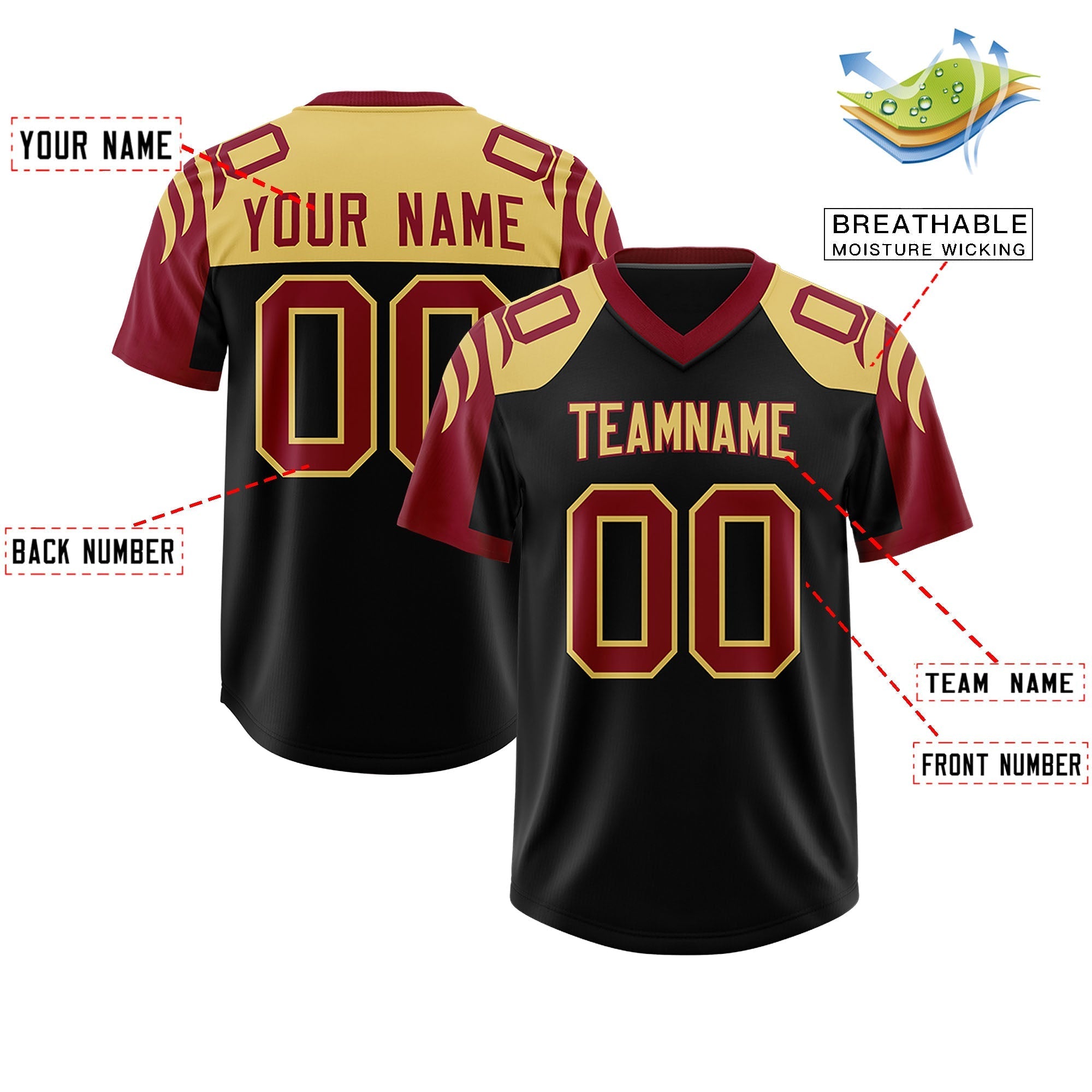 Custom Black Crimson Raglan Sleeves Personalized Pattern Authentic American Football Jersey