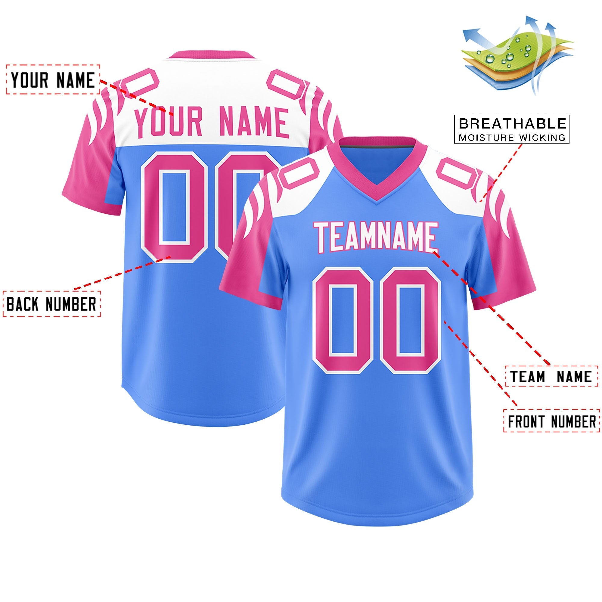 Custom Powder Blue Pink Raglan Sleeves Personalized Pattern Authentic American Football Jersey