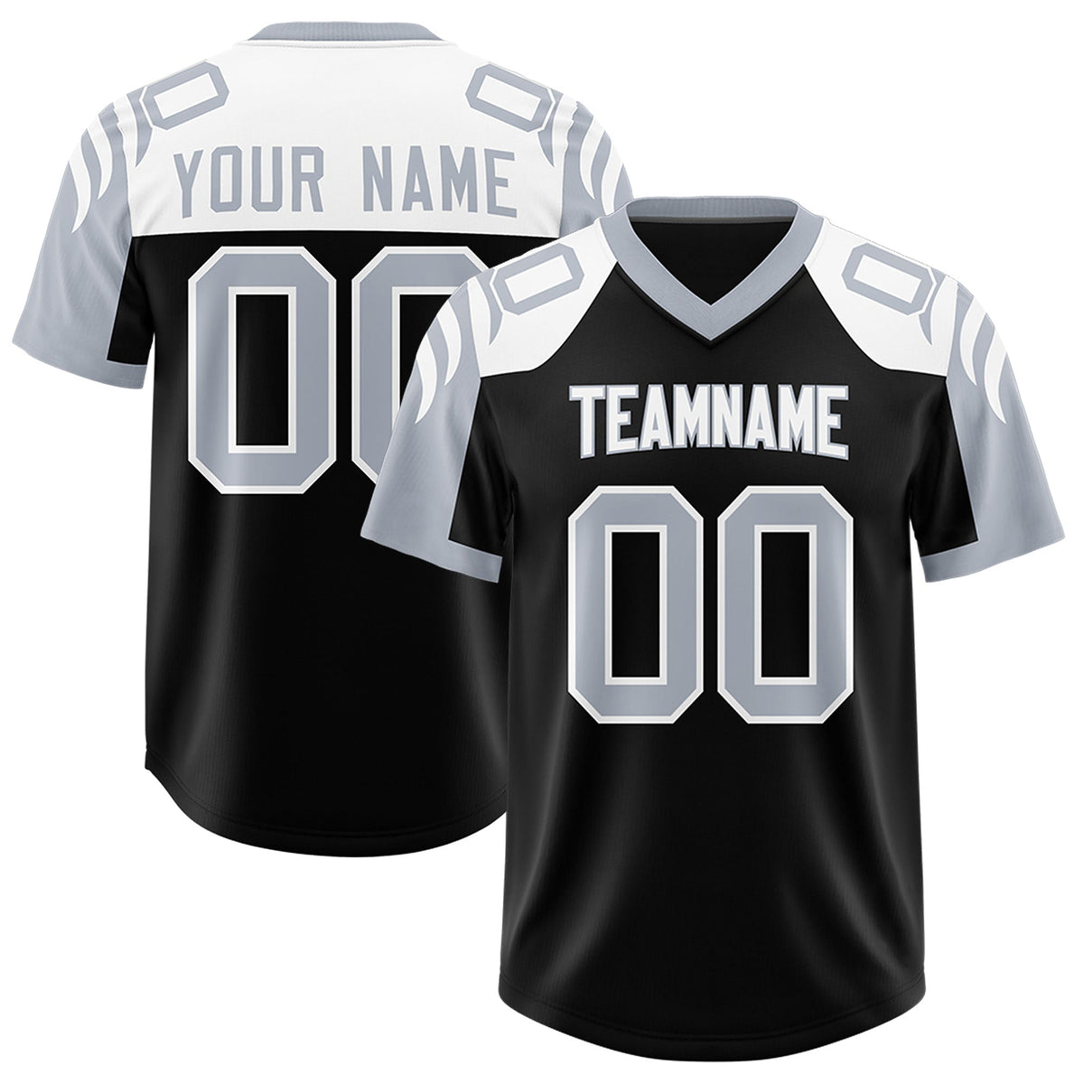 Custom Black Silver Raglan Sleeves Personalized Pattern Authentic American Football Jersey