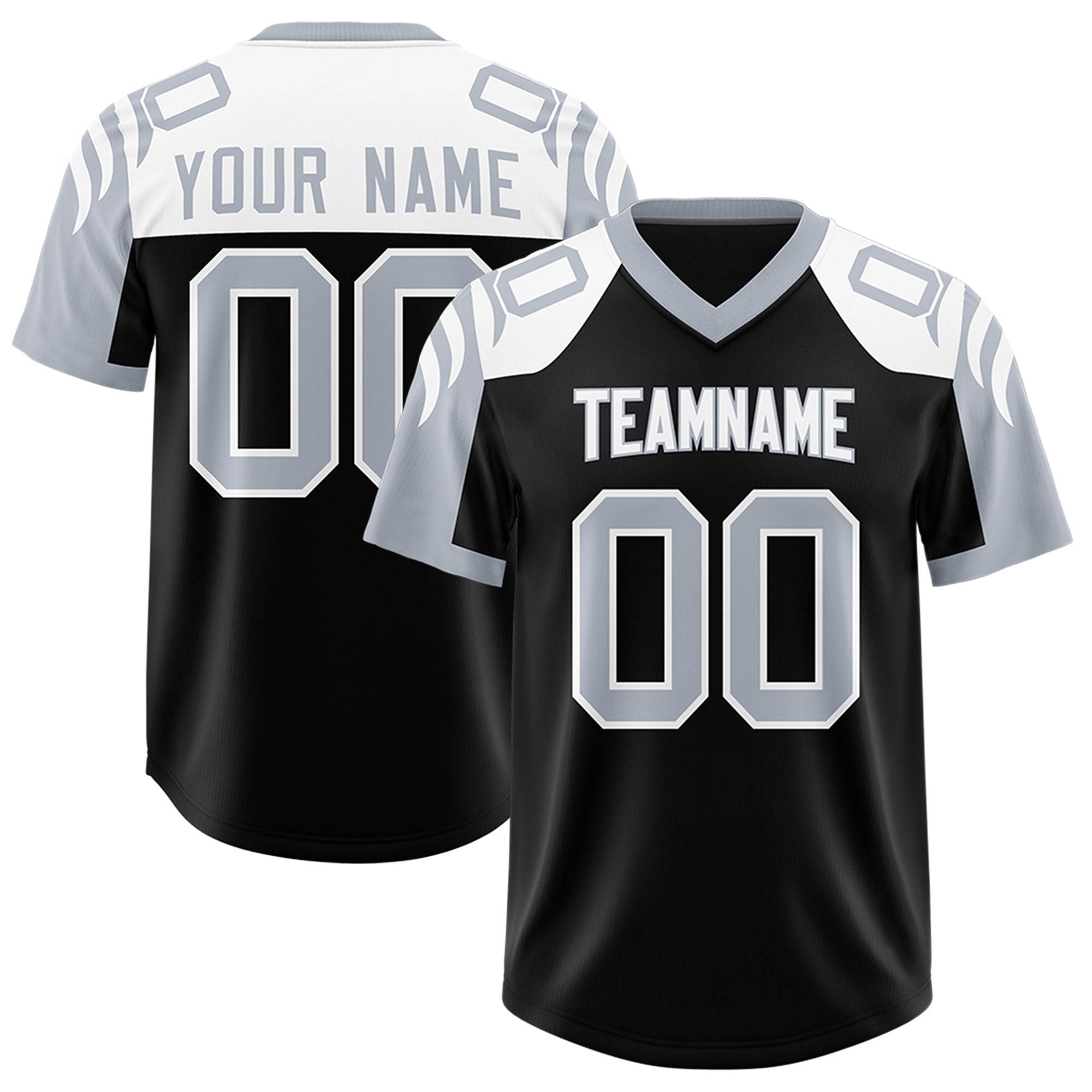 Custom Black Silver Raglan Sleeves Personalized Pattern Authentic American Football Jersey