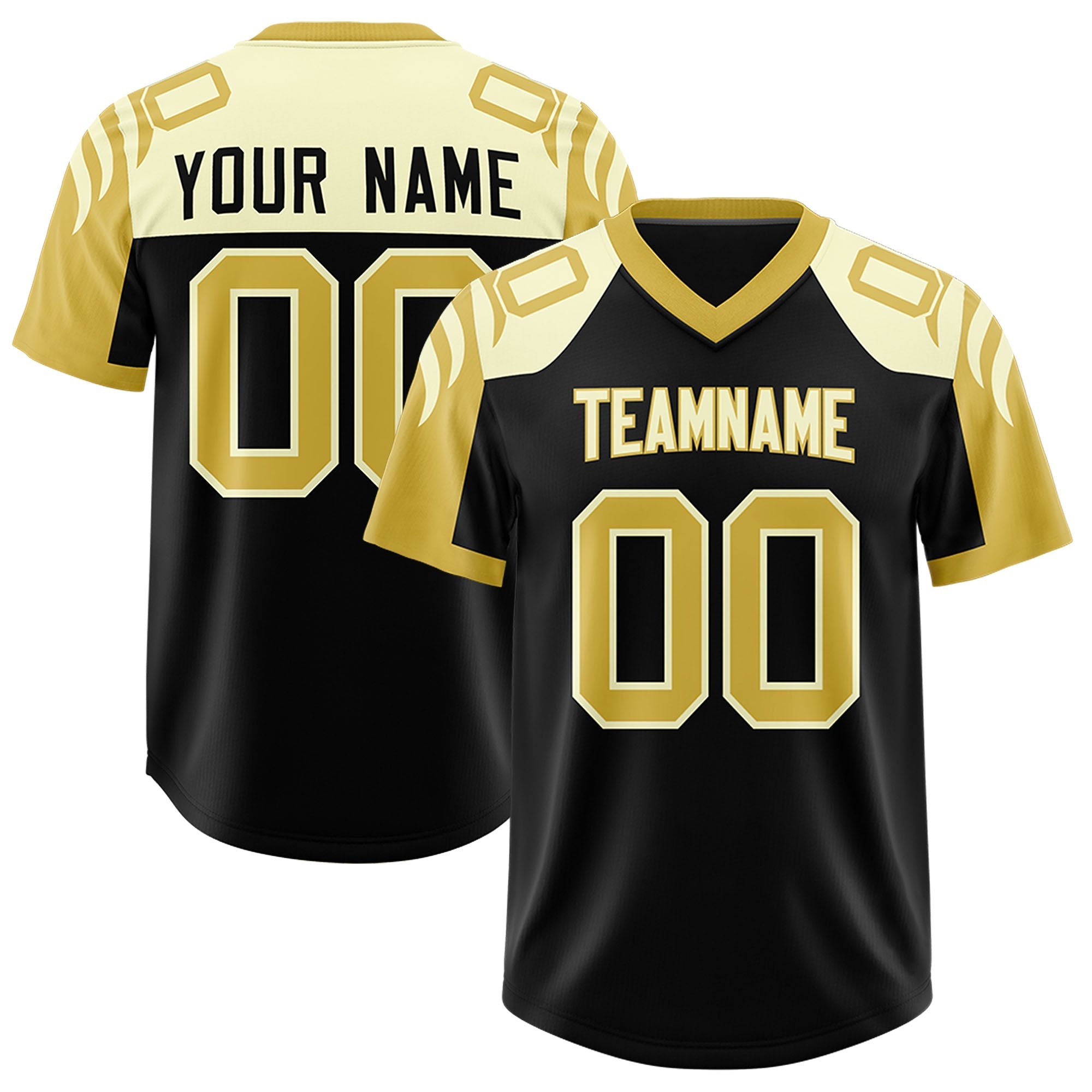 Custom Black Old Gold Raglan Sleeves Personalized Pattern Authentic American Football Jersey