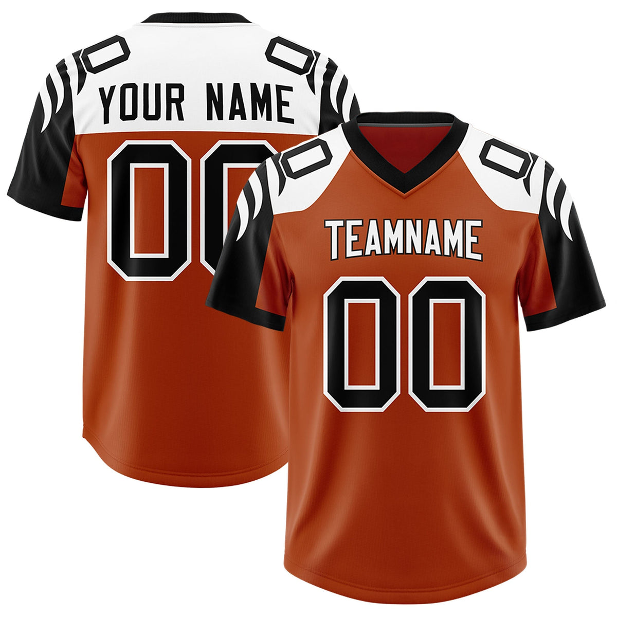 Custom Texas Orange Black Raglan Sleeves Personalized Pattern Authentic American Football Jersey