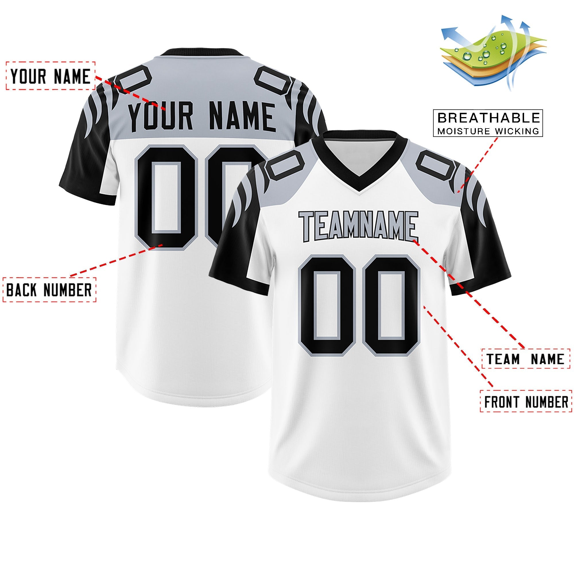 Custom White Black Raglan Sleeves Personalized Pattern Authentic American Football Jersey