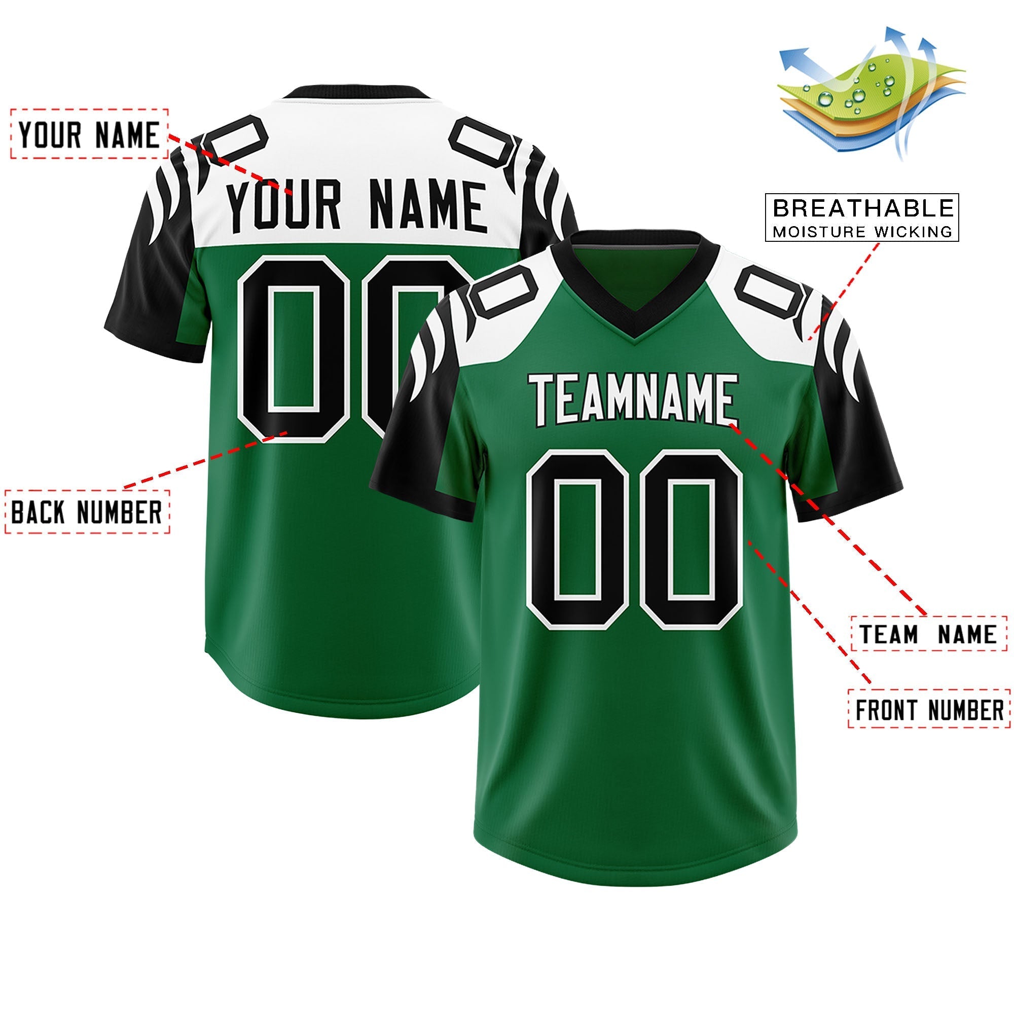 Custom Kelly Green Black Raglan Sleeves Personalized Pattern Authentic American Football Jersey