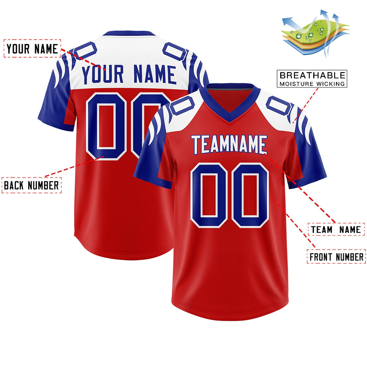 Custom Red Royal Raglan Sleeves Personalized Pattern Authentic American Football Jersey