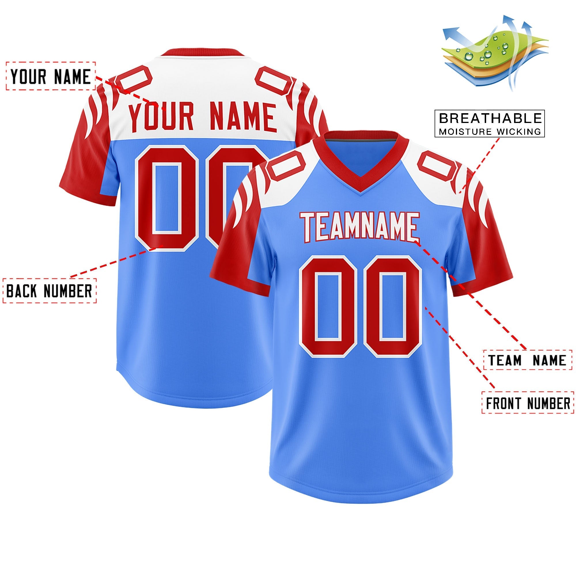 Custom Powder Blue Red Raglan Sleeves Personalized Pattern Authentic American Football Jersey