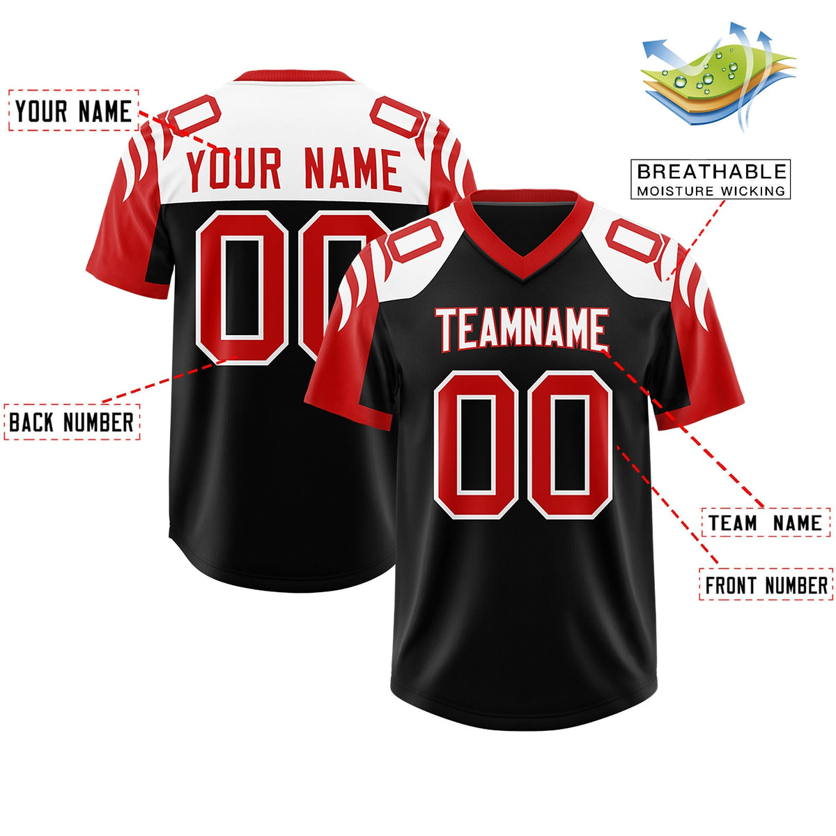 Custom Black Red Raglan Sleeves Personalized Pattern Authentic American Football Jersey
