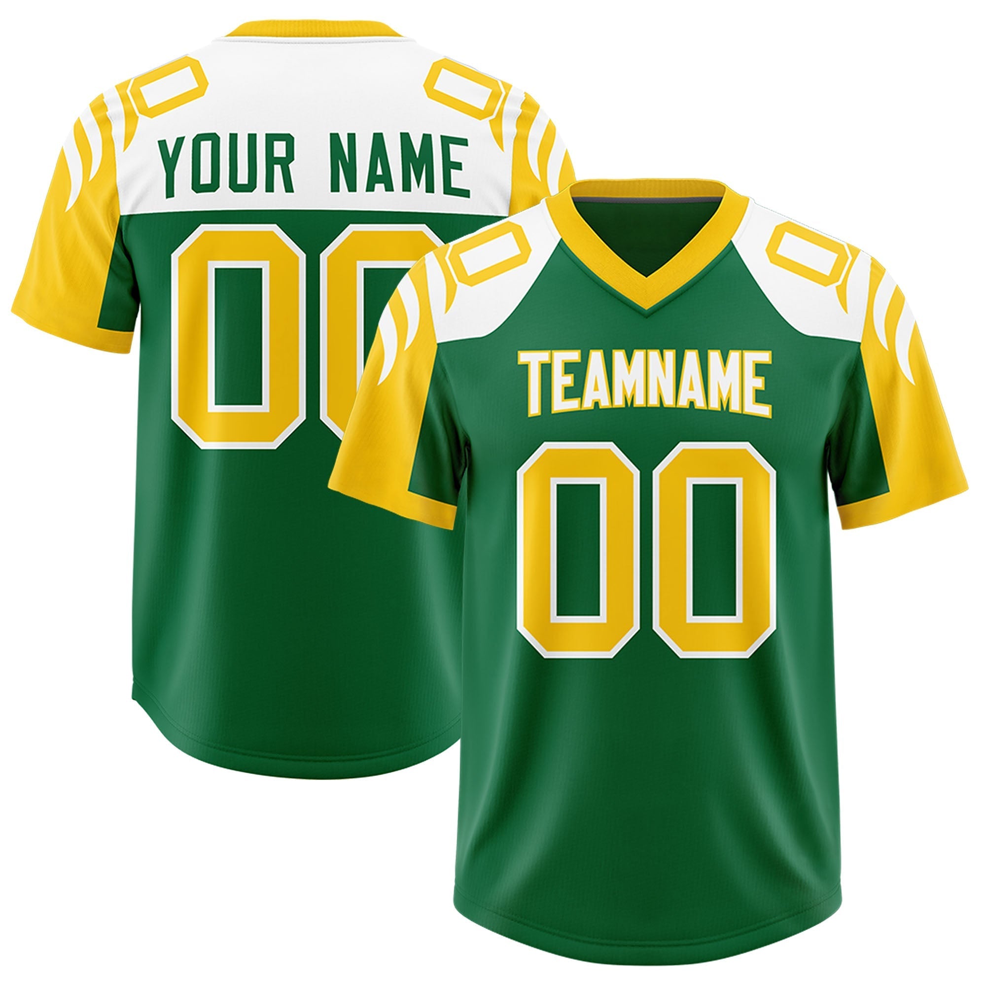 Custom Kelly Green Gold Raglan Sleeves Personalized Pattern Authentic American Football Jersey