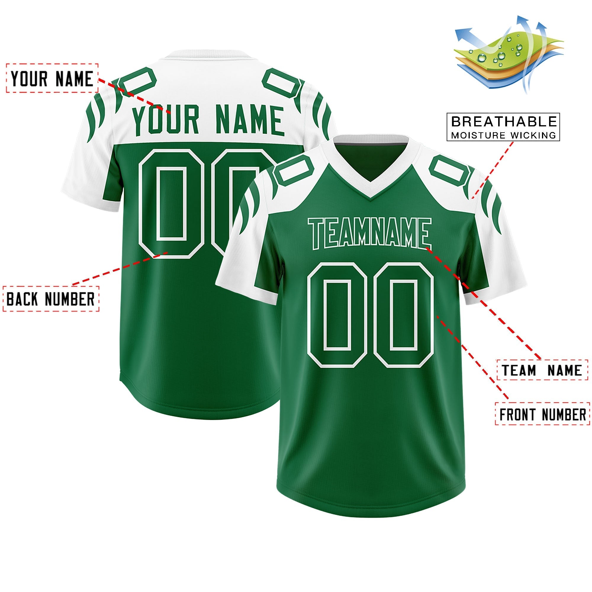 Custom Kelly Green White Raglan Sleeves Personalized Pattern Authentic American Football Jersey